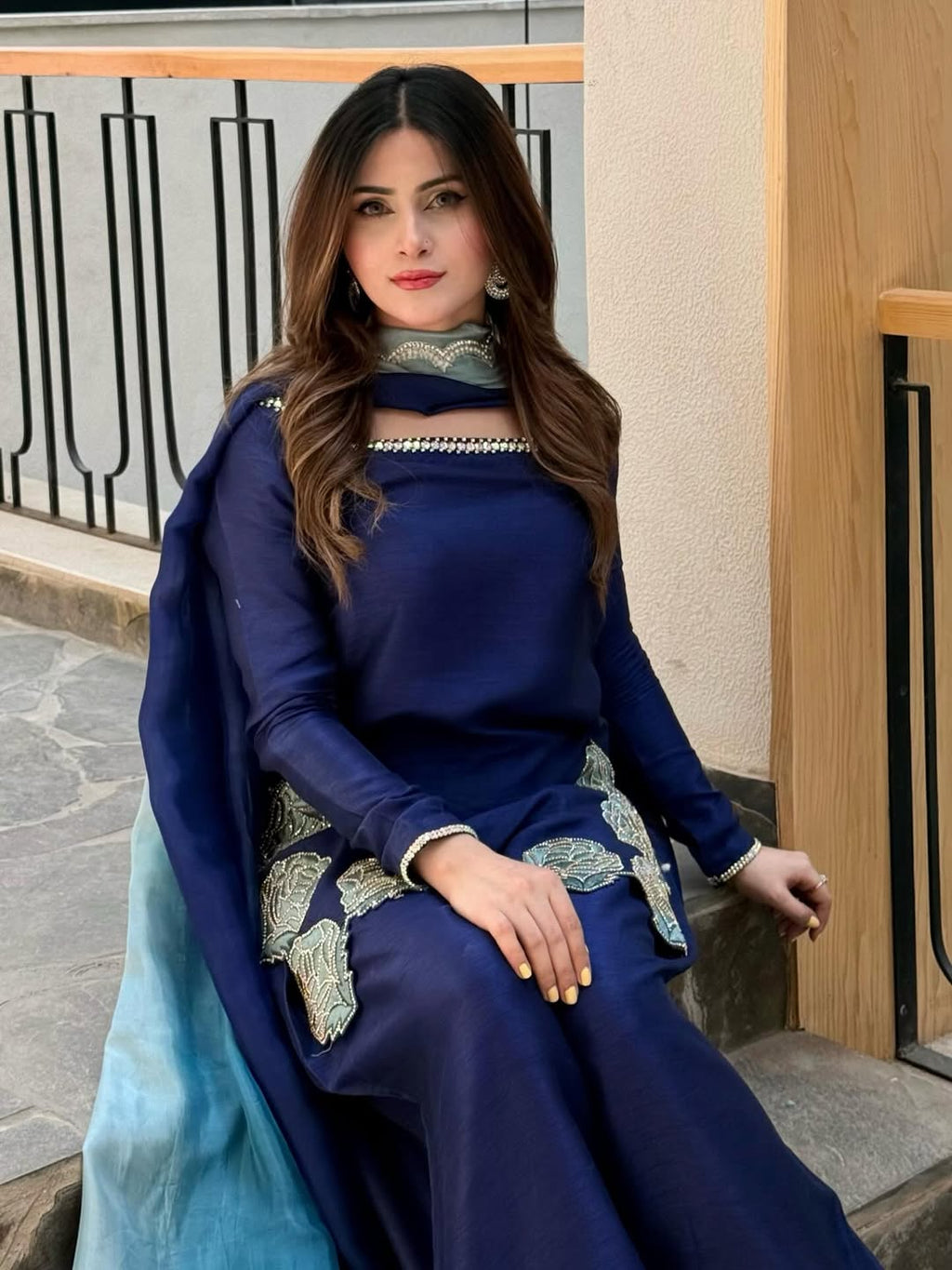 Yash Enterprise Navy Blue Crepe Silk Party Wear Embroidery Sharara Suit Set