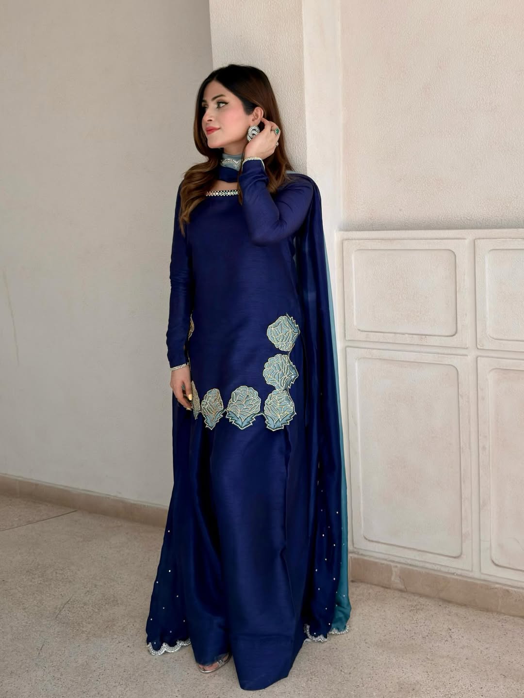 Yash Enterprise Navy Blue Crepe Silk Party Wear Embroidery Sharara Suit Set