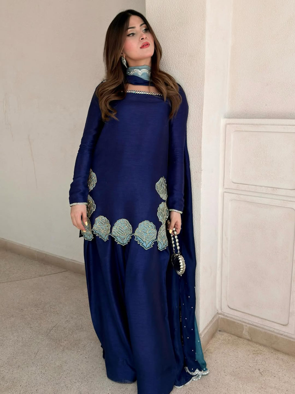 Yash Enterprise Navy Blue Crepe Silk Party Wear Embroidery Sharara Suit Set