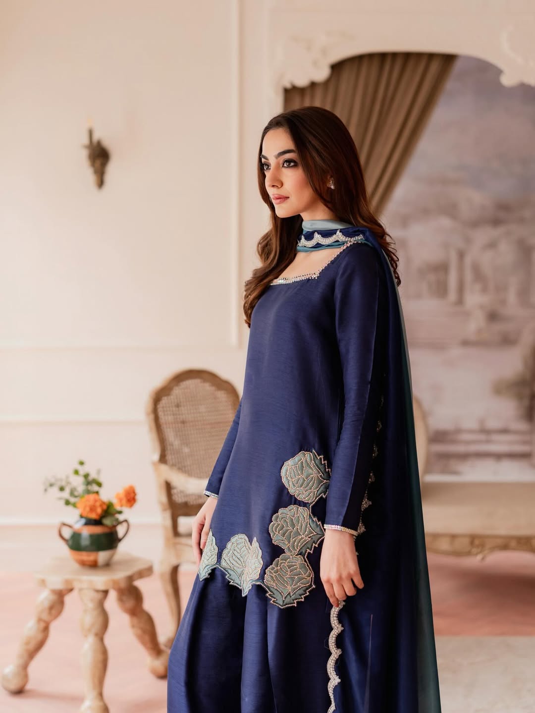 Yash Enterprise Navy Blue Crepe Silk Party Wear Embroidery Sharara Suit Set