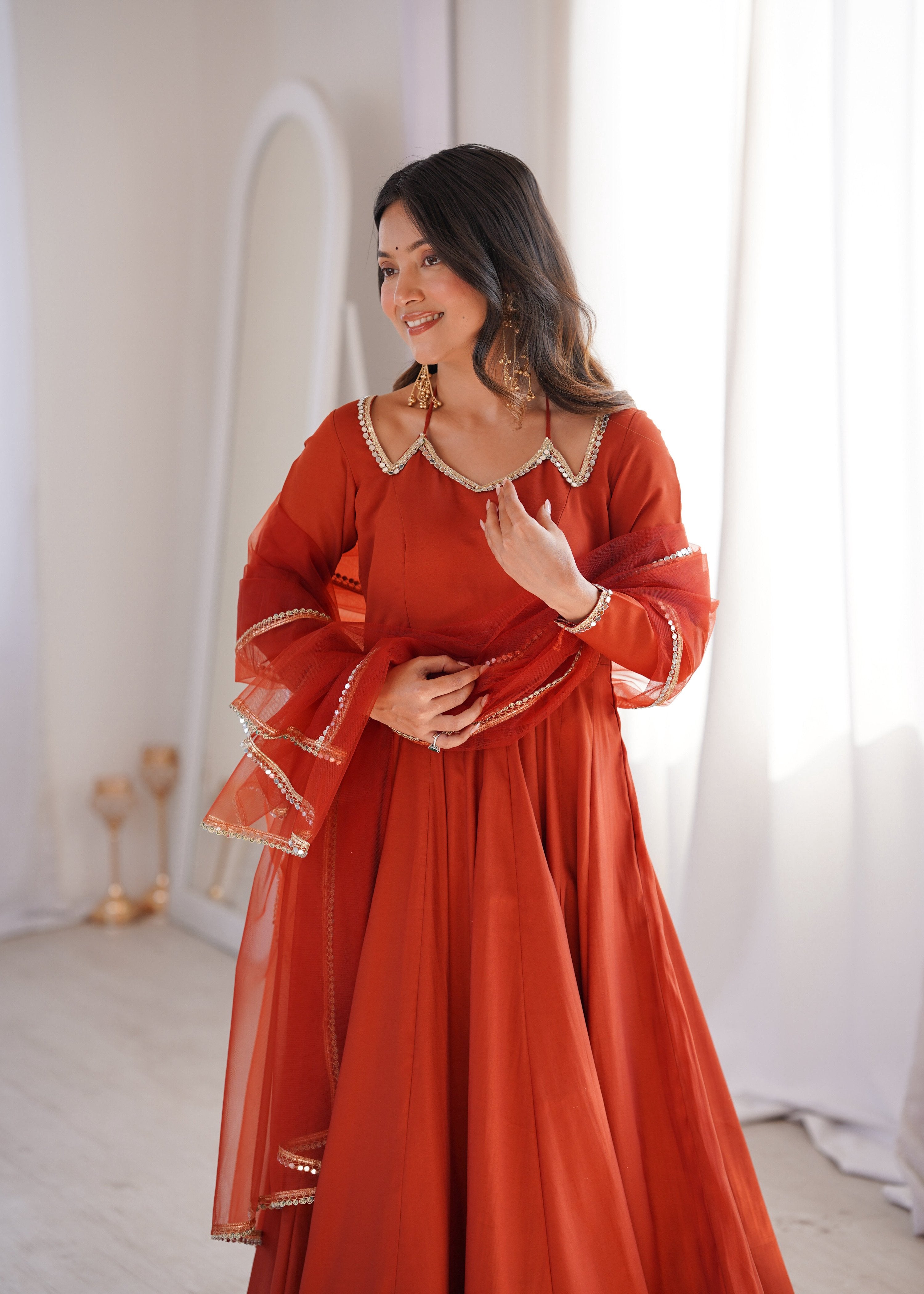 Evanik Women Rust Ethnic Anarkali Kurta Set for Festive & Wedding Wear
