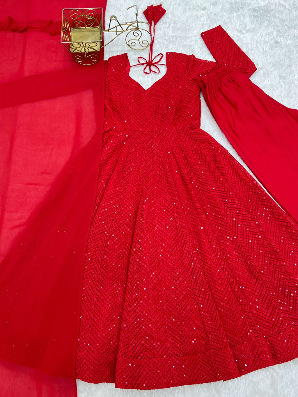 Evanik Red Heavy Faux Georgette With Lucknowi Work Anarkali Suit