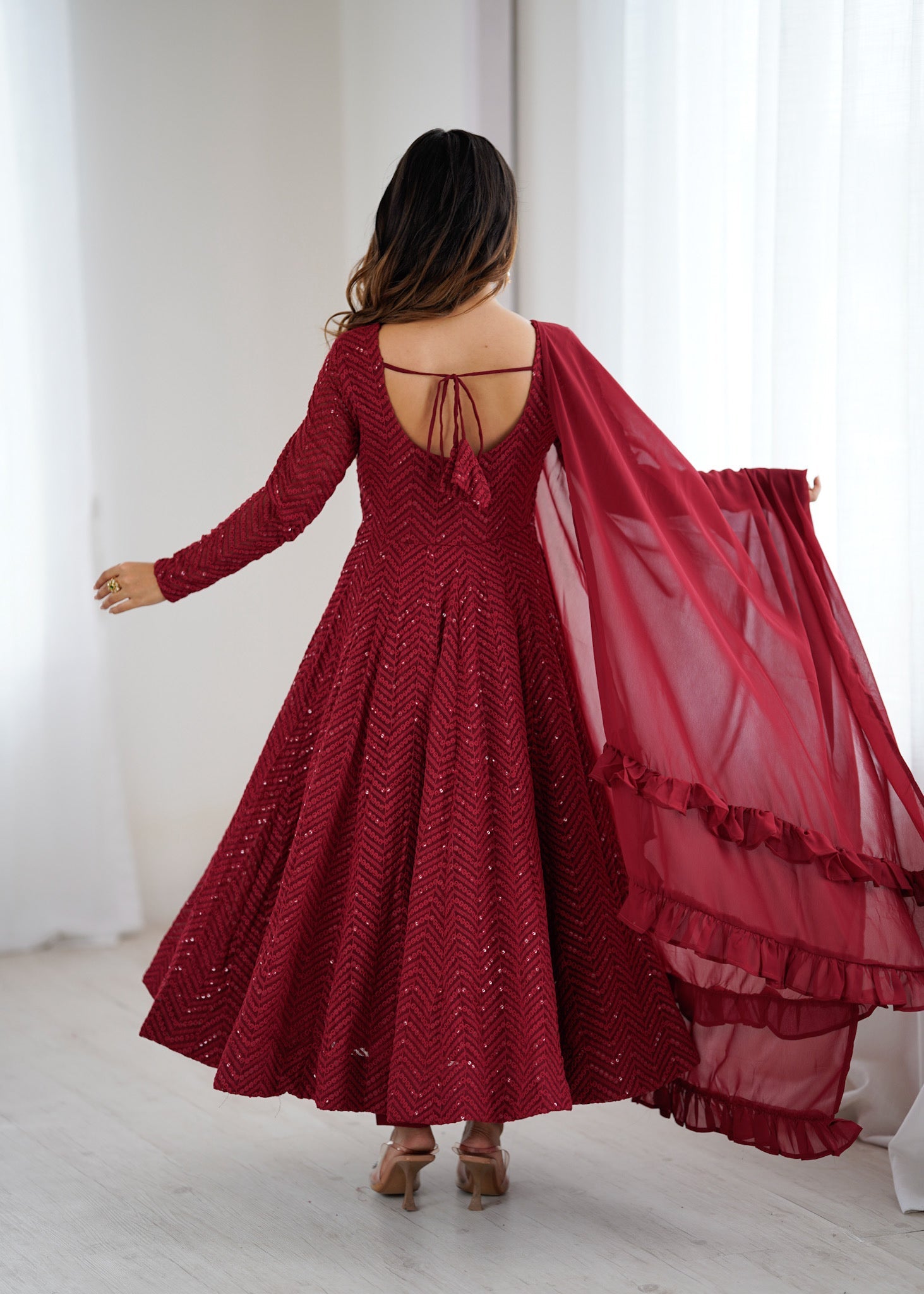 Evanik Maroon Heavy Faux Georgette With Lucknowi Work Anarkali Suit