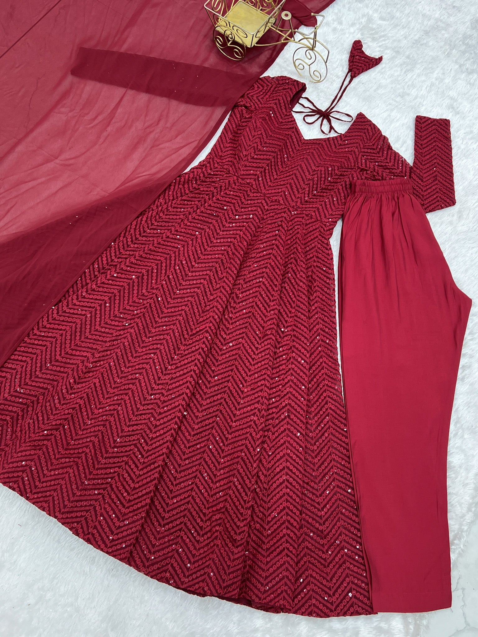 Evanik Maroon Heavy Faux Georgette With Lucknowi Work Anarkali Suit