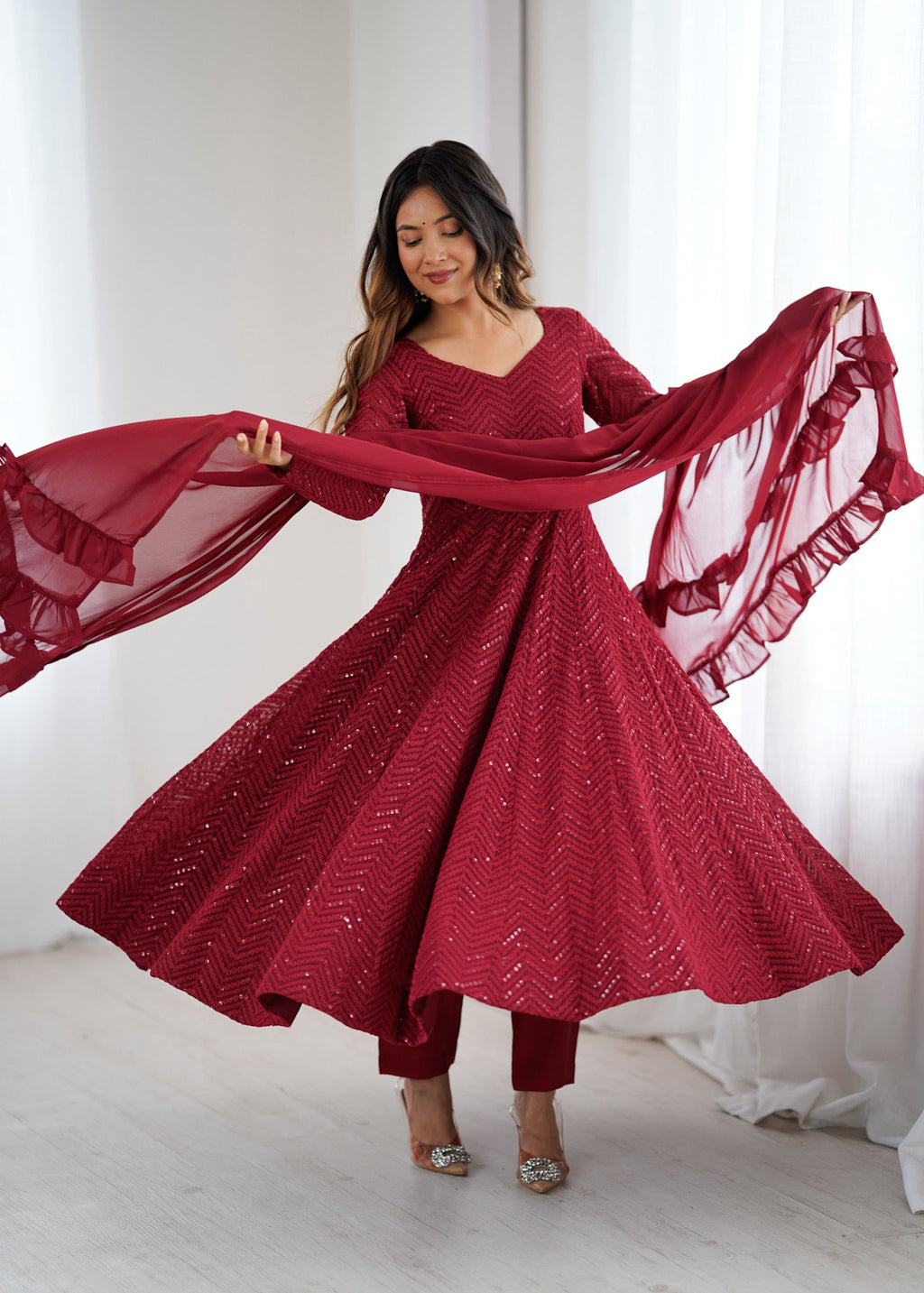 Evanik Maroon Heavy Faux Georgette With Lucknowi Work Anarkali Suit