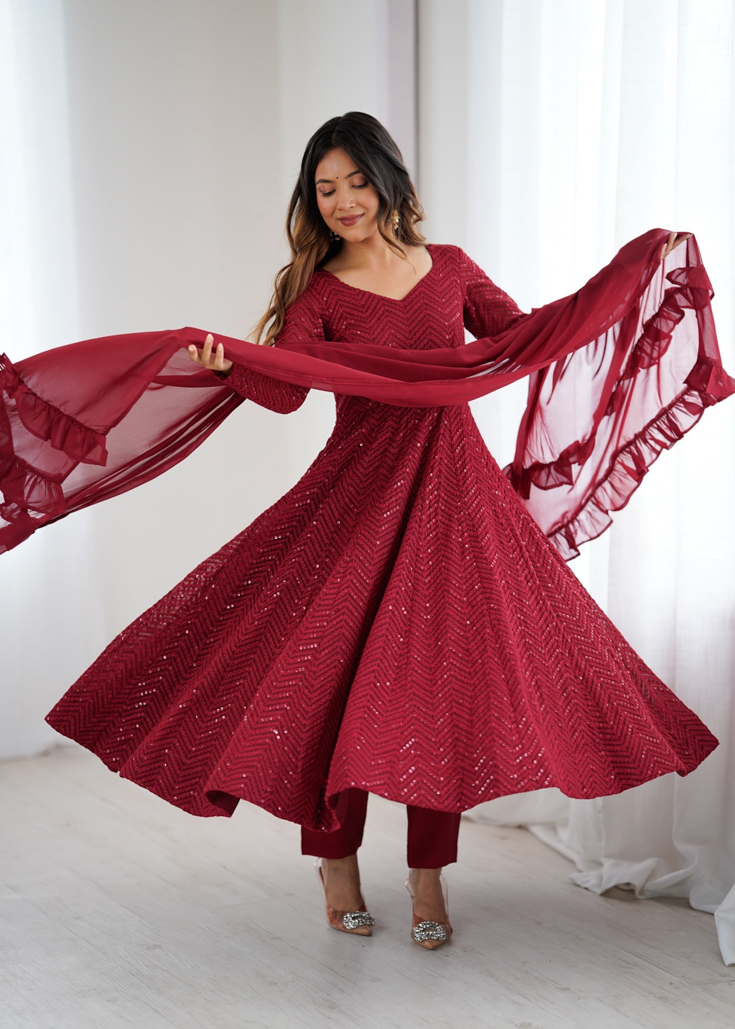 Evanik Maroon Heavy Faux Georgette With Lucknowi Work Anarkali Suit