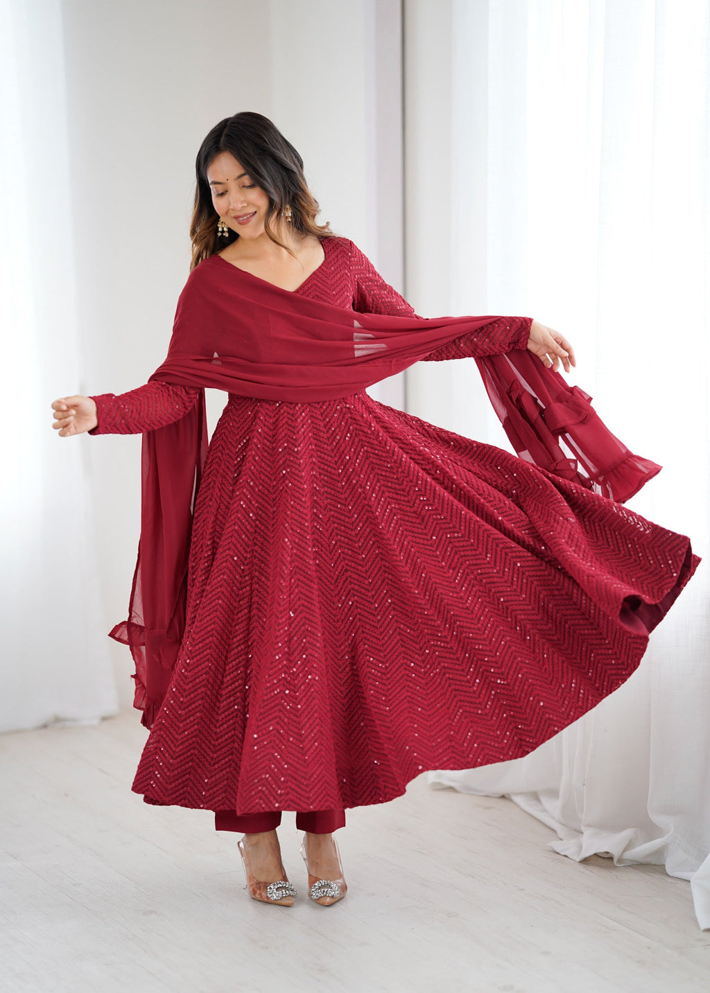 Evanik Maroon Heavy Faux Georgette With Lucknowi Work Anarkali Suit
