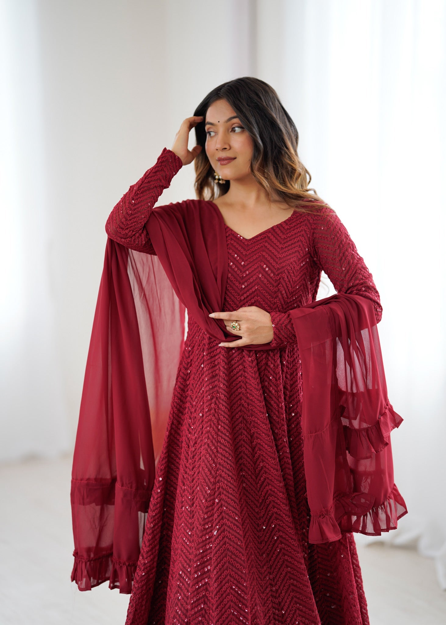 Evanik Maroon Heavy Faux Georgette With Lucknowi Work Anarkali Suit
