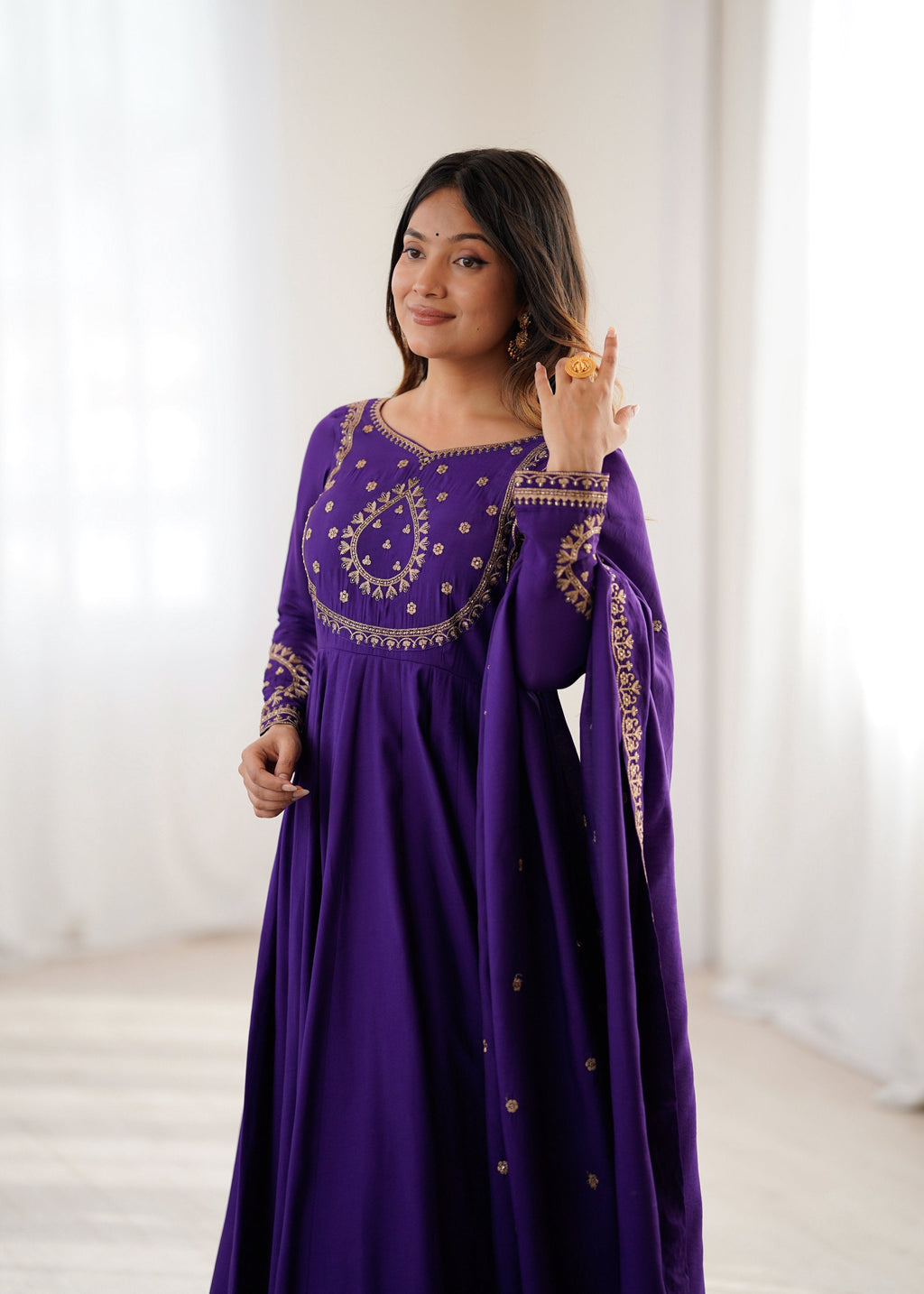 Evanik Women Purple Embroidered Beads Work Anarkali Kurta with Dupatta