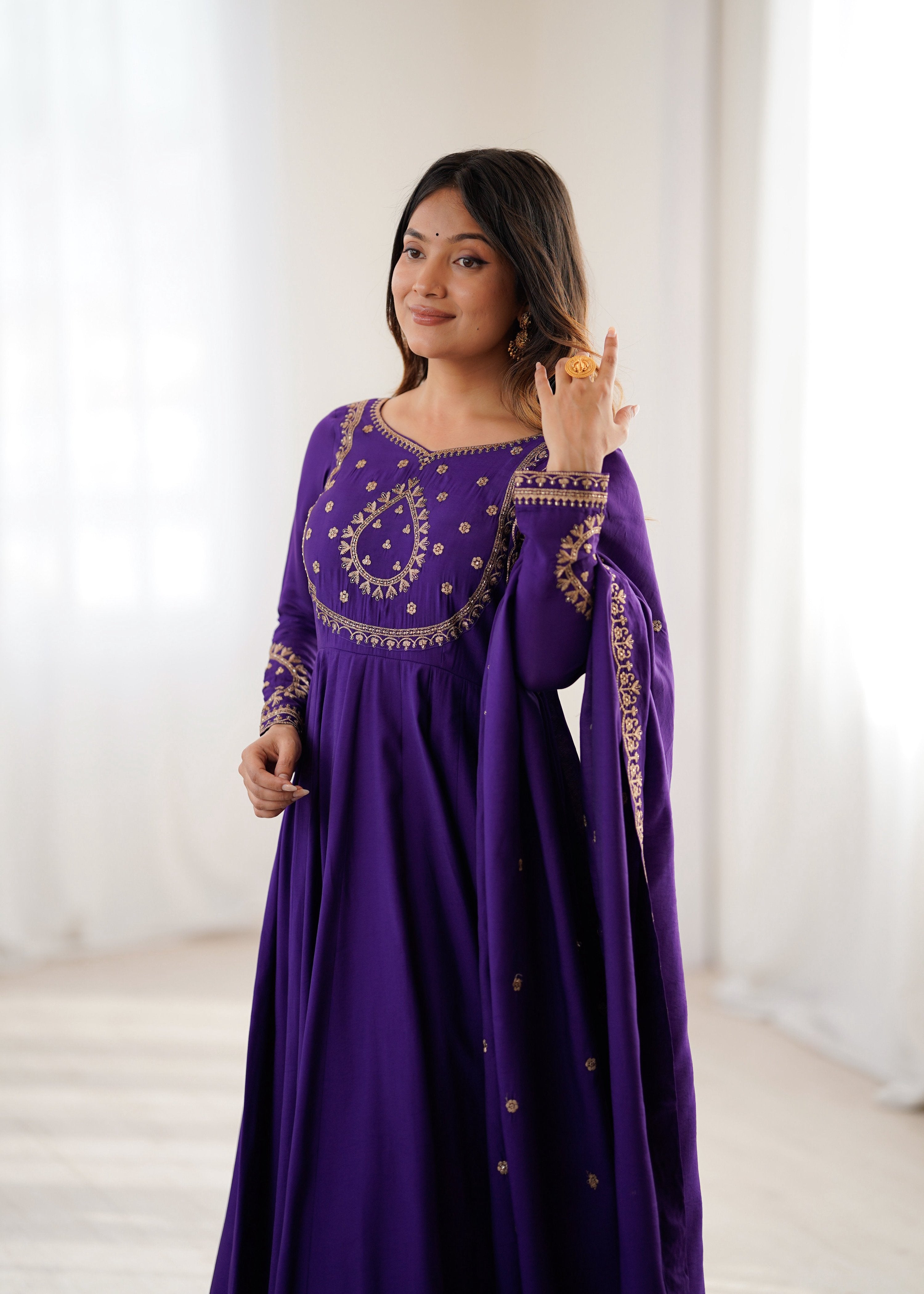 Evanik Women Purple Embroidered Beads Work Anarkali Kurta with Dupatta