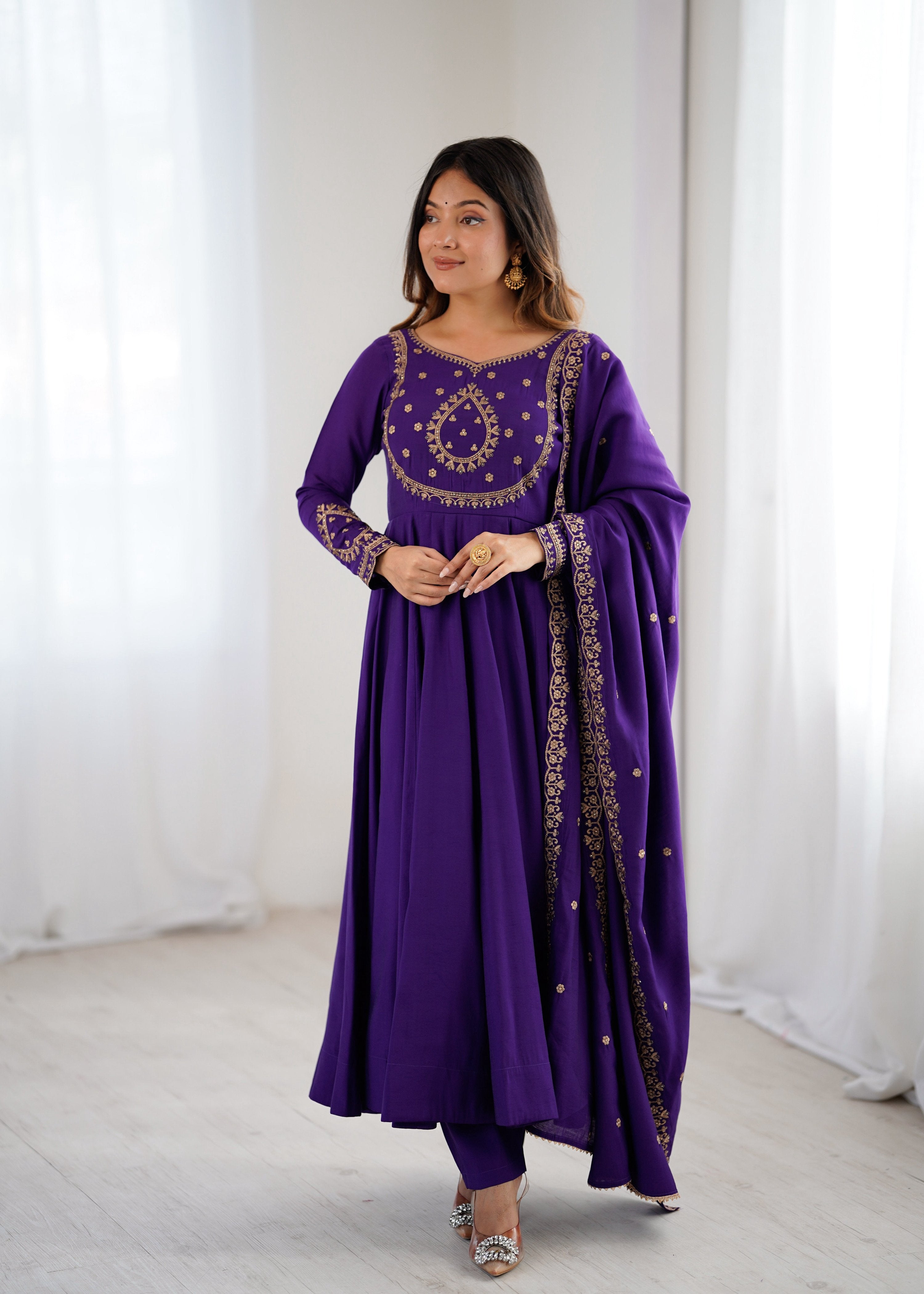 Evanik Women Purple Embroidered Beads Work Anarkali Kurta with Dupatta