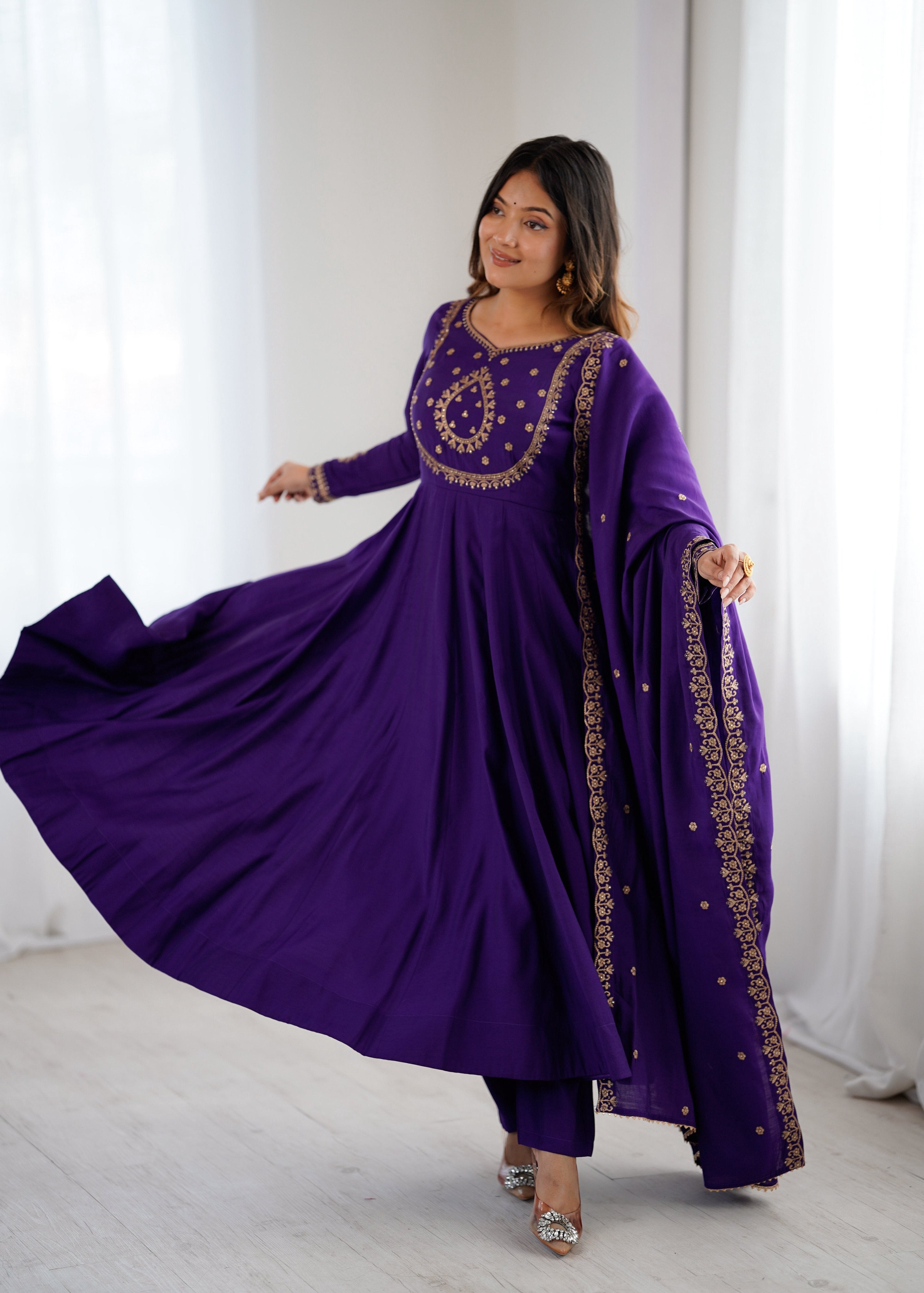 Evanik Women Purple Embroidered Beads Work Anarkali Kurta with Dupatta