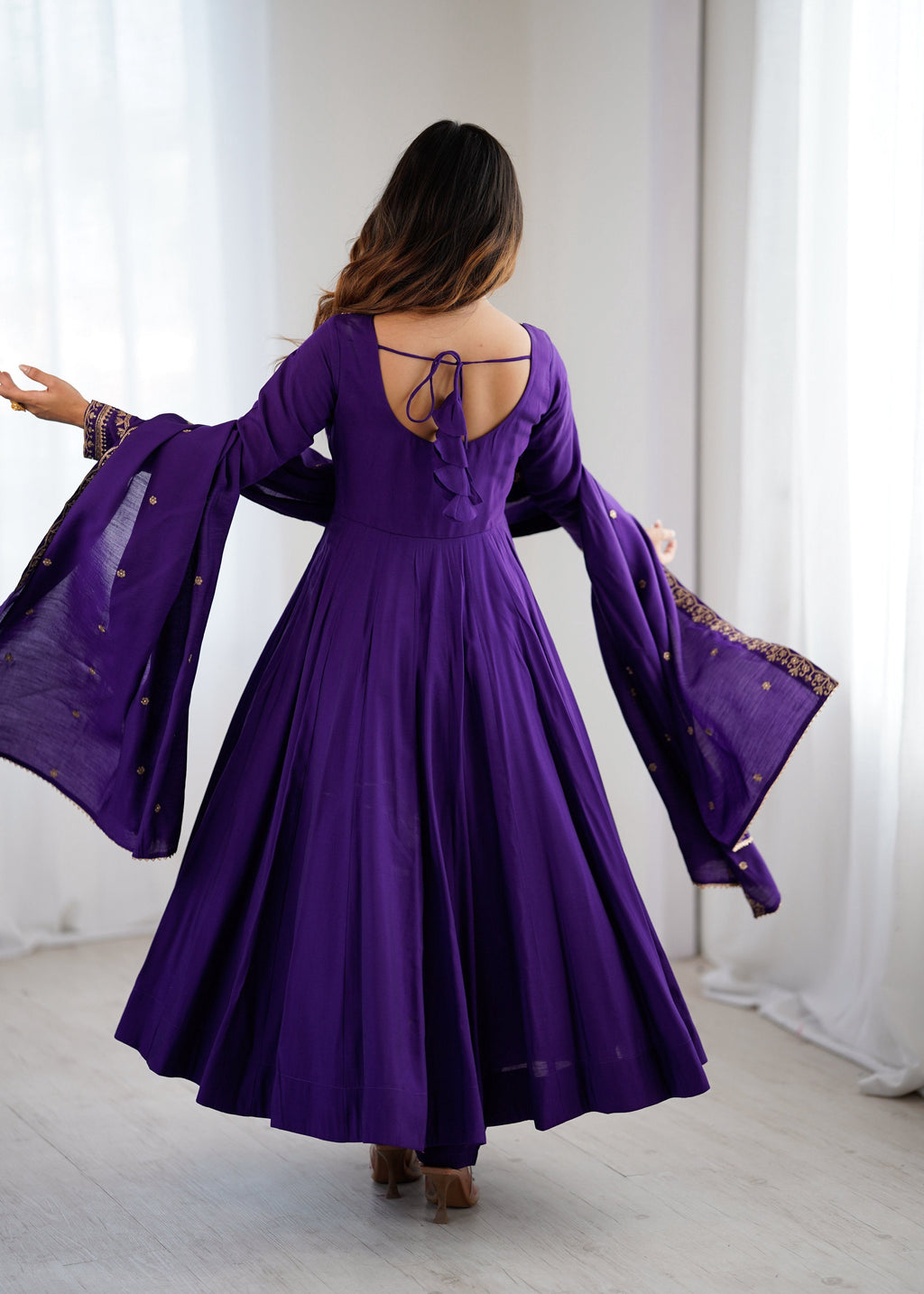 Evanik Women Purple Embroidered Beads Work Anarkali Kurta with Dupatta