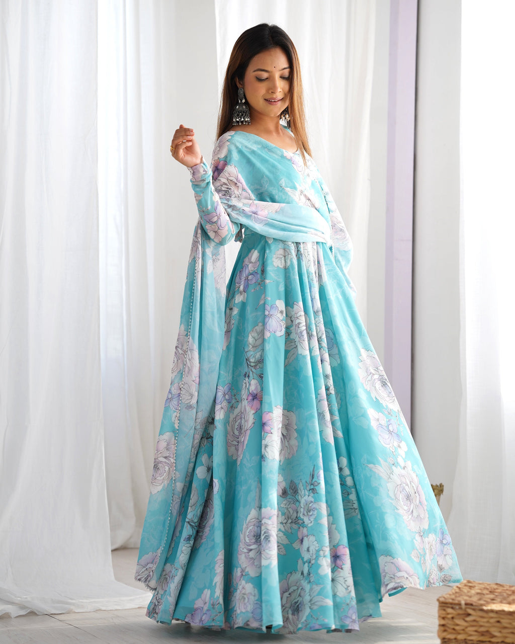 Evanik Skyblue Georgette Floral Print Fully Flair Gown Dupatta Ready To Wear