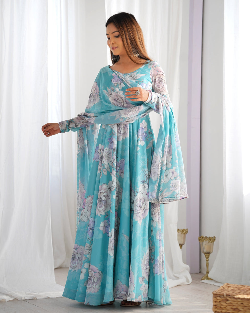 Evanik Skyblue Georgette Floral Print Fully Flair Gown Dupatta Ready To Wear