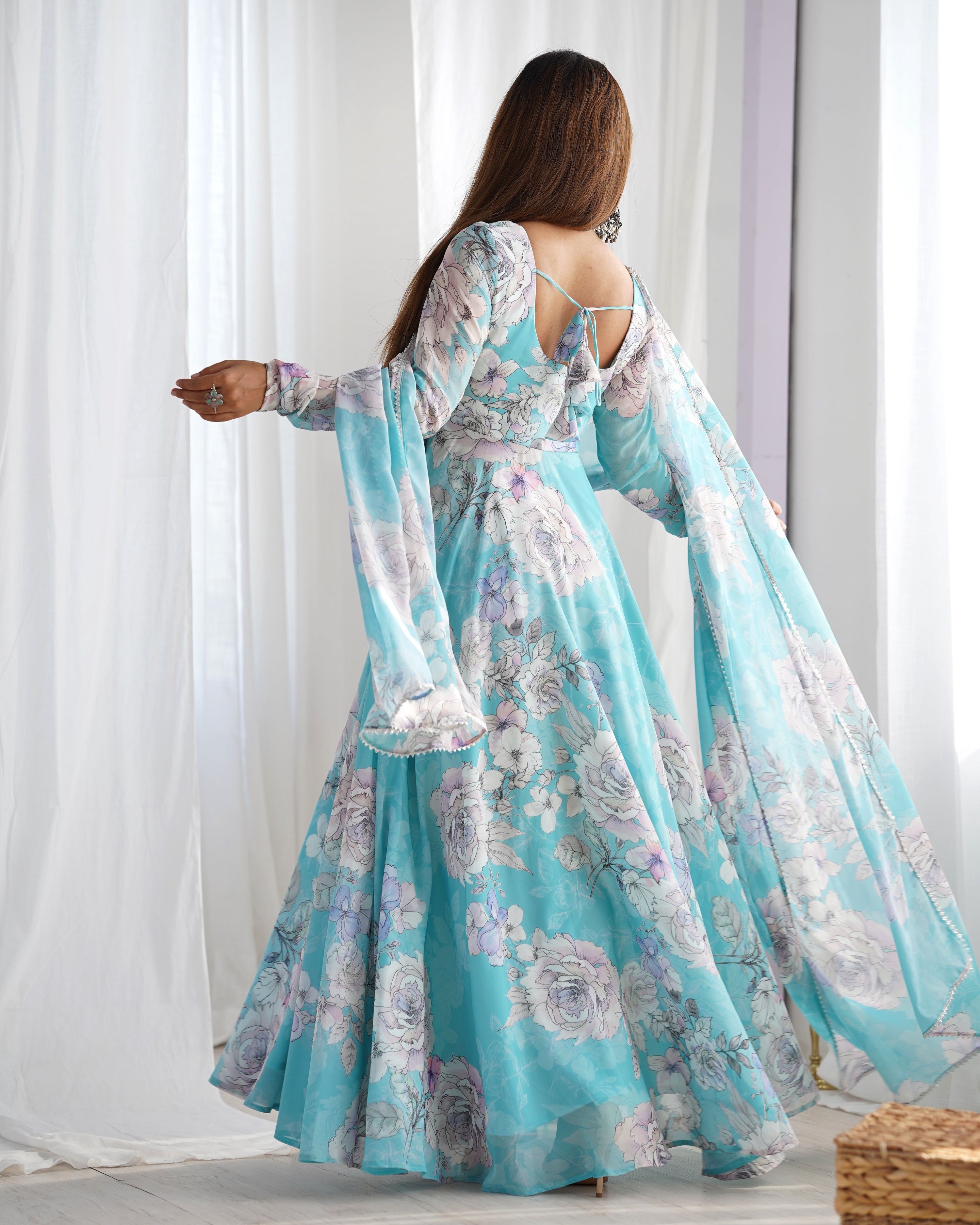 Evanik Skyblue Georgette Floral Print Fully Flair Gown Dupatta Ready To Wear