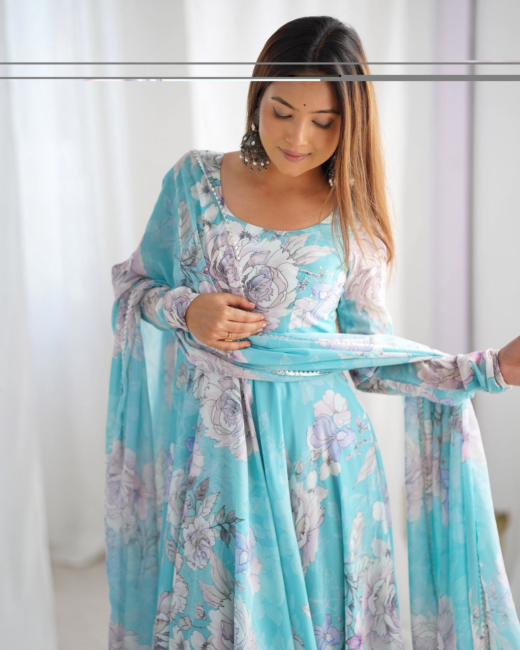 Evanik Skyblue Georgette Floral Print Fully Flair Gown Dupatta Ready To Wear
