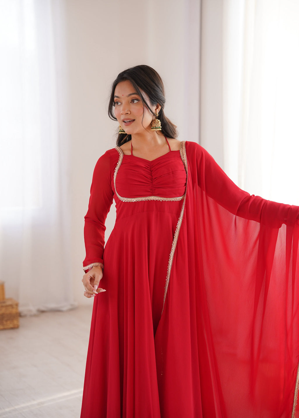 Evanik Red Georgette Plain Fully Flair Gown Dupatta