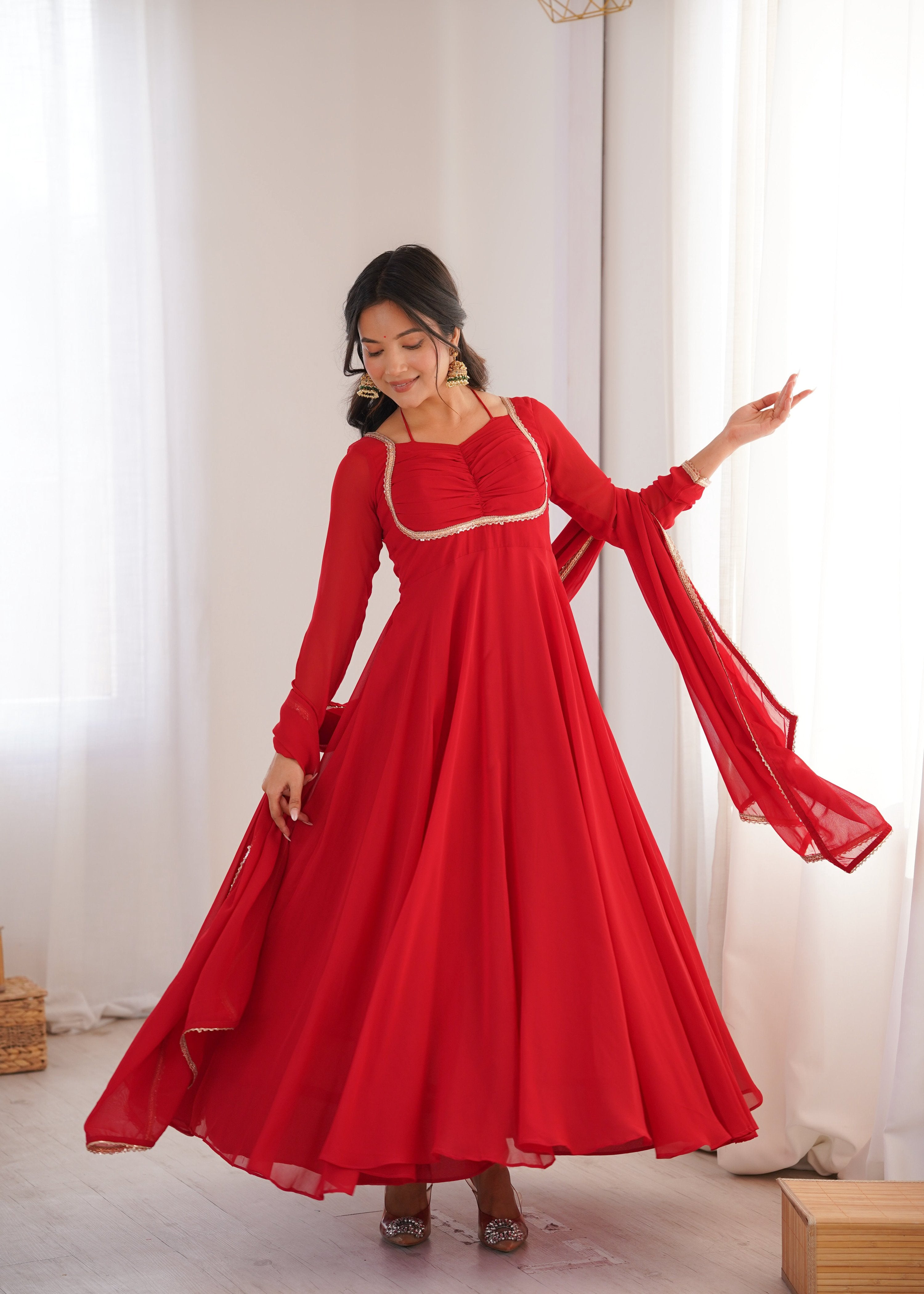 Evanik Red Georgette Plain Fully Flair Gown Dupatta