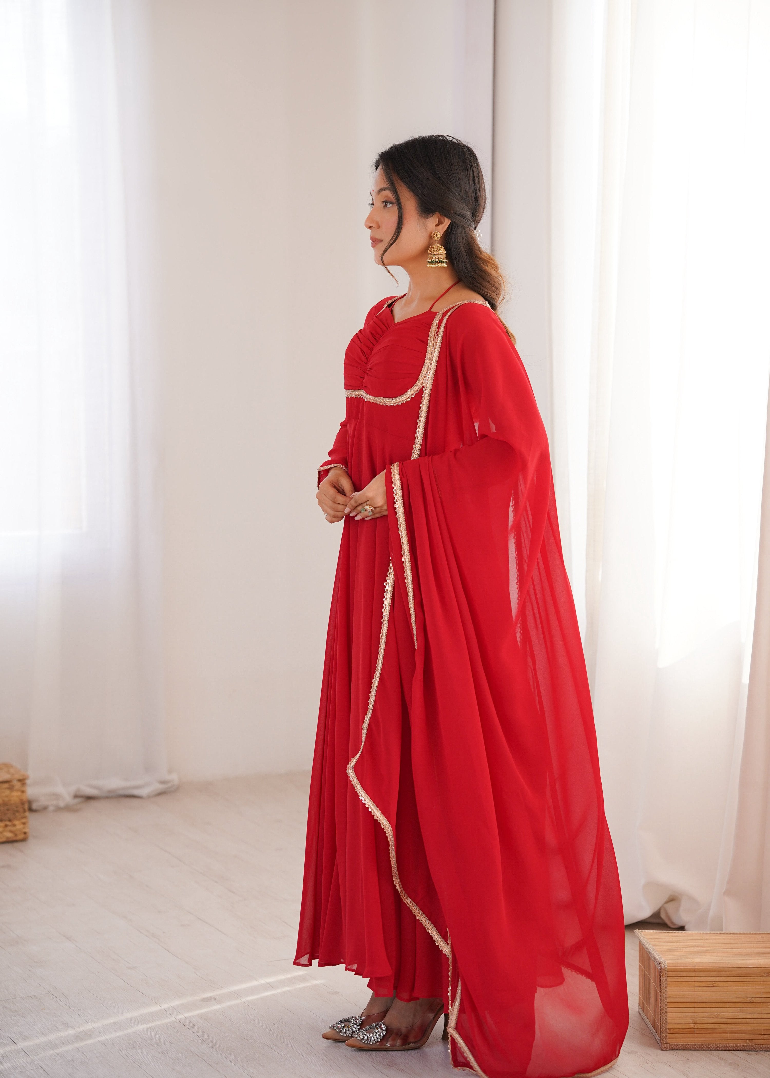 Evanik Red Georgette Plain Fully Flair Gown Dupatta