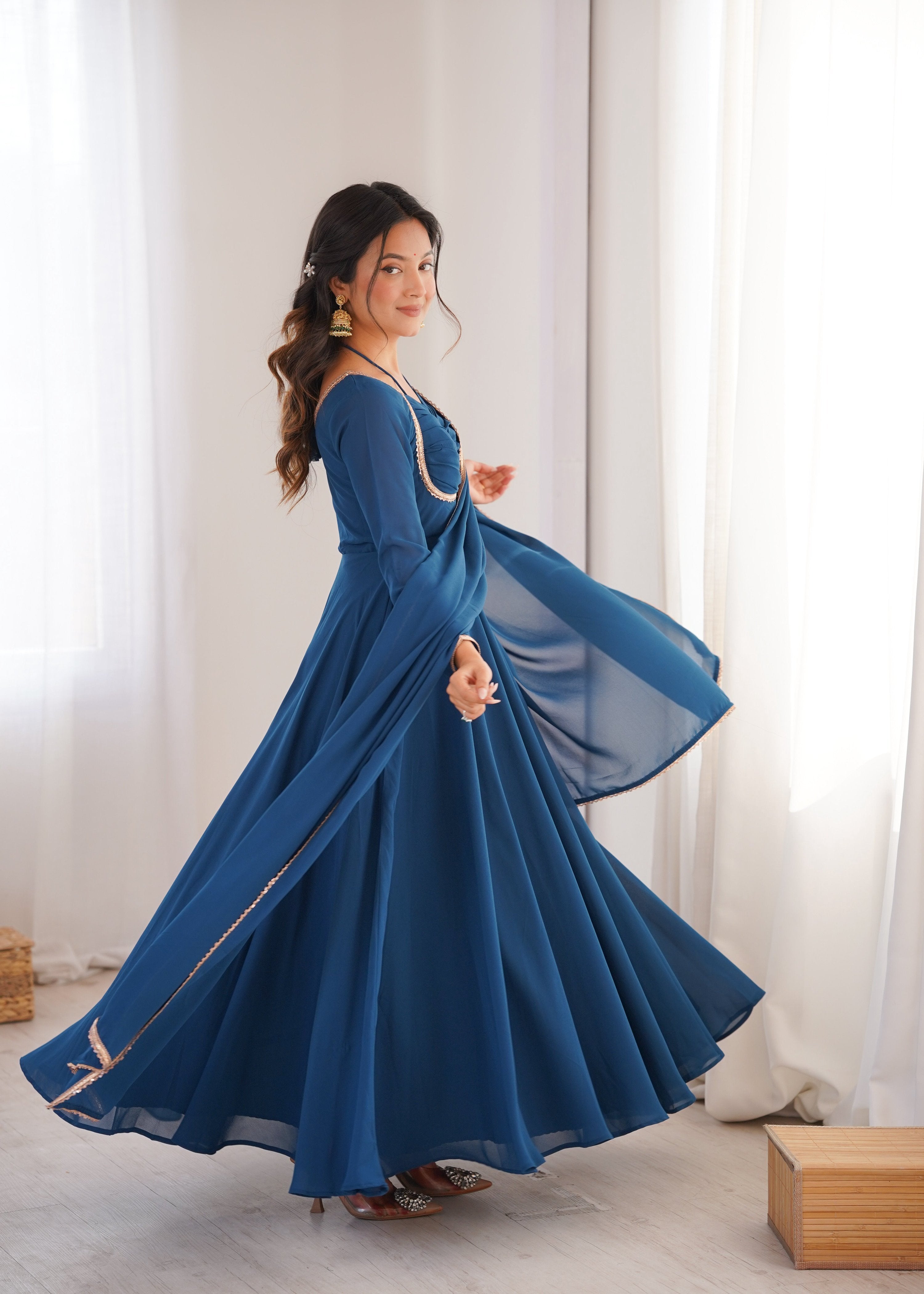 Evanik Teal Georgette Plain Fully Flair Gown Dupatta