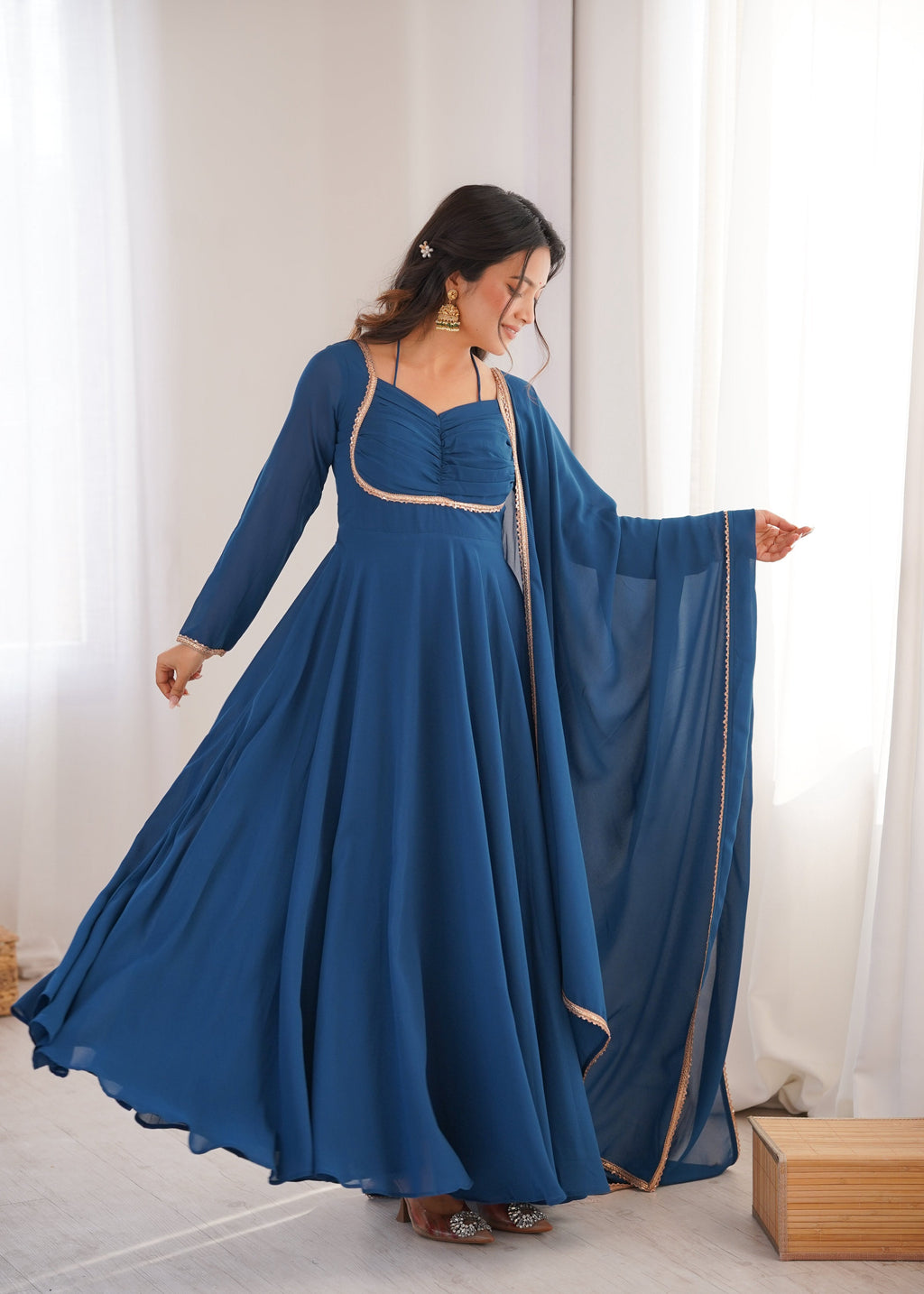 Evanik Teal Georgette Plain Fully Flair Gown Dupatta