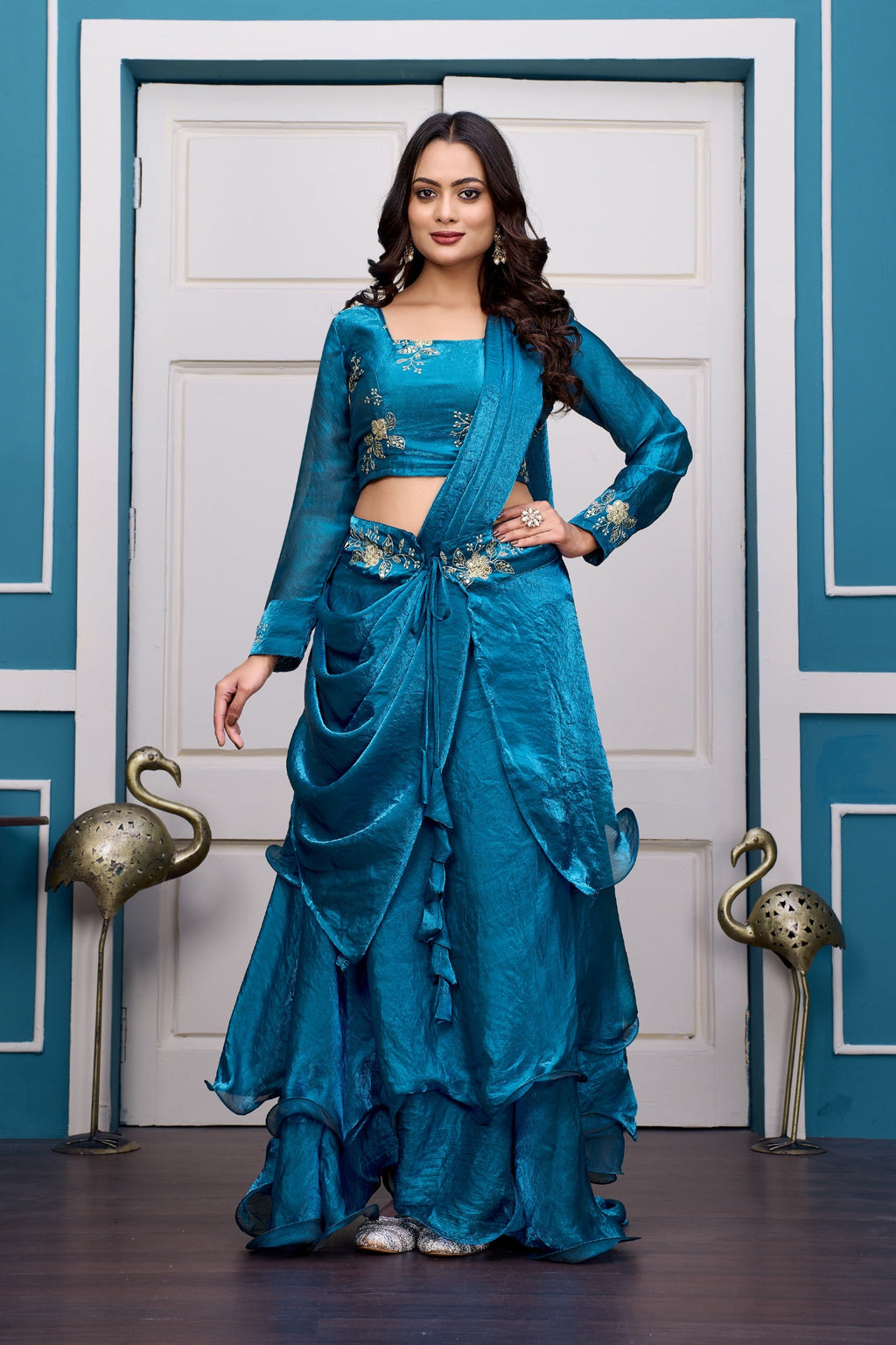 Yash Enterprise Rama Green Vichitra Silk Party Wear Embroidery Crop Top With Blouse Lehenga Choli