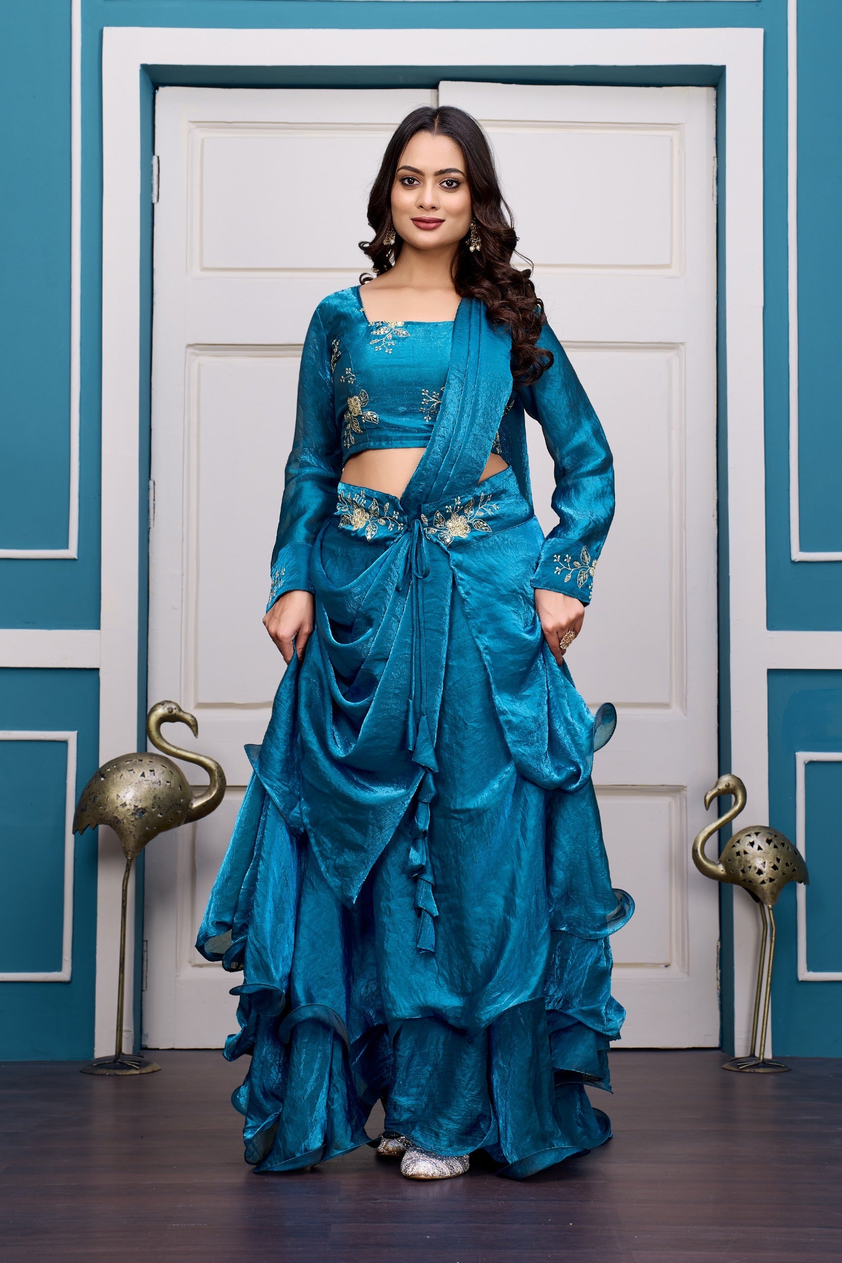 Yash Enterprise Rama Green Vichitra Silk Party Wear Embroidery Crop Top With Blouse Lehenga Choli