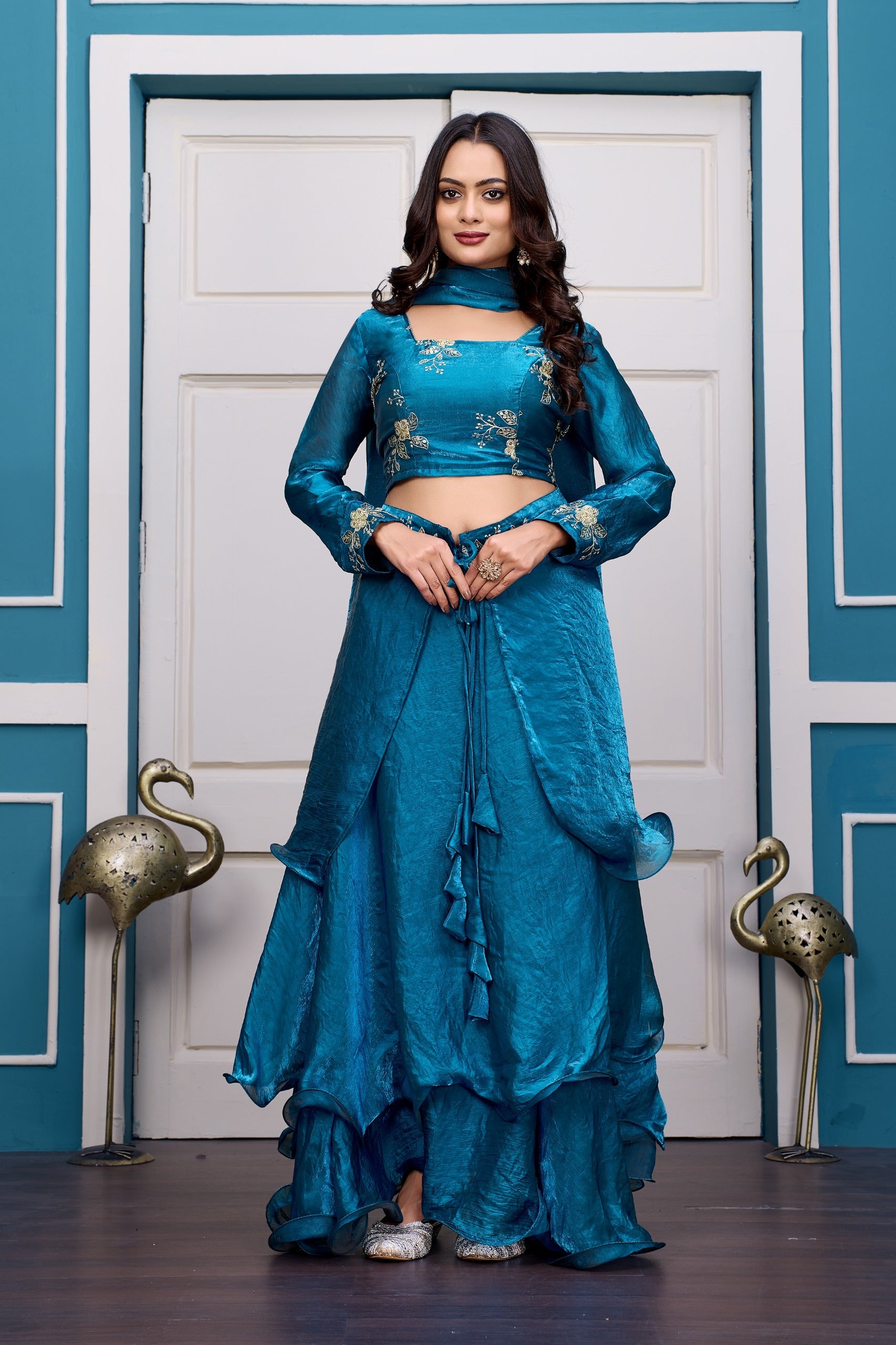 Yash Enterprise Rama Green Vichitra Silk Party Wear Embroidery Crop Top With Blouse Lehenga Choli