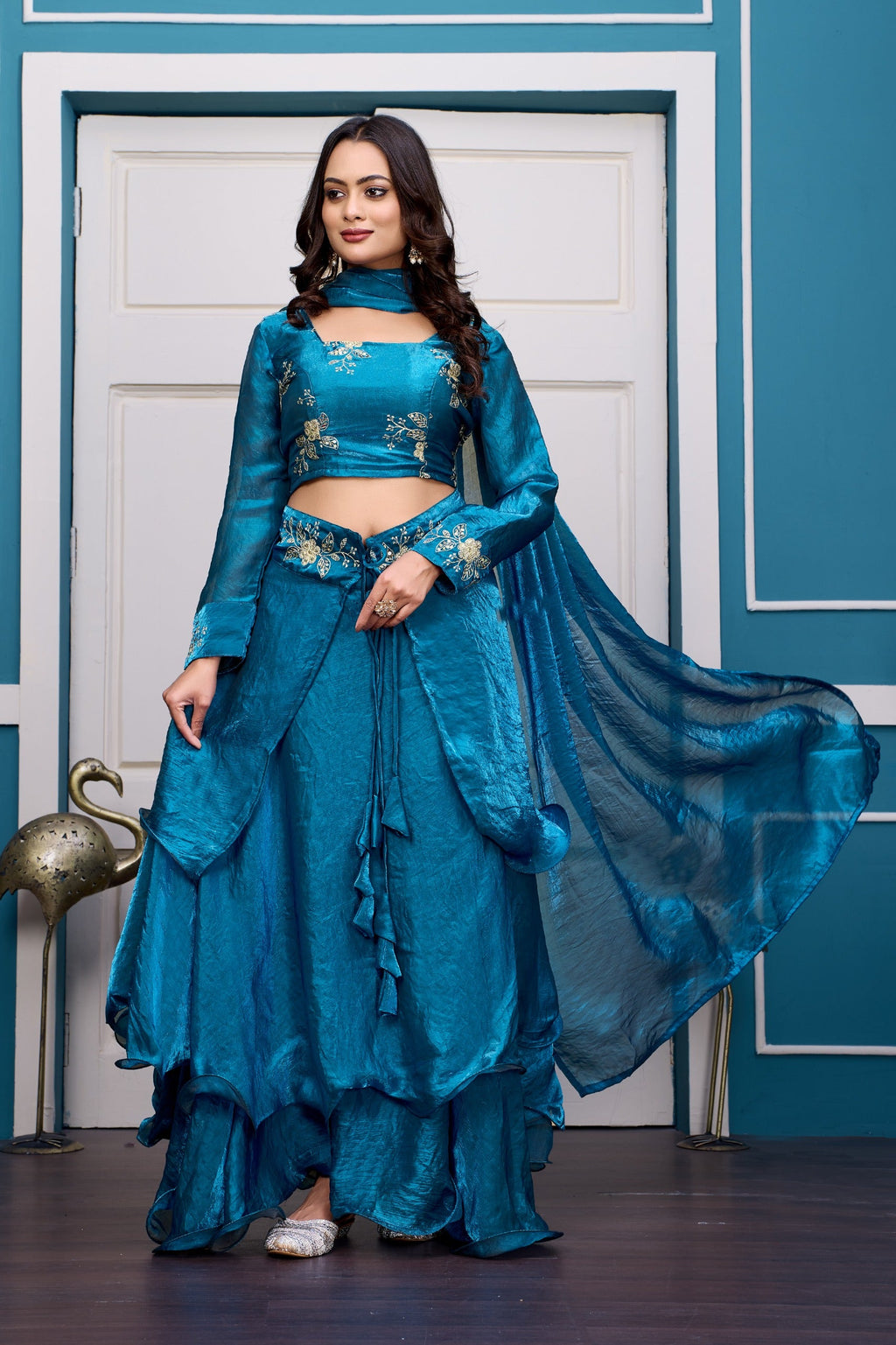 Yash Enterprise Rama Green Vichitra Silk Party Wear Embroidery Crop Top With Blouse Lehenga Choli