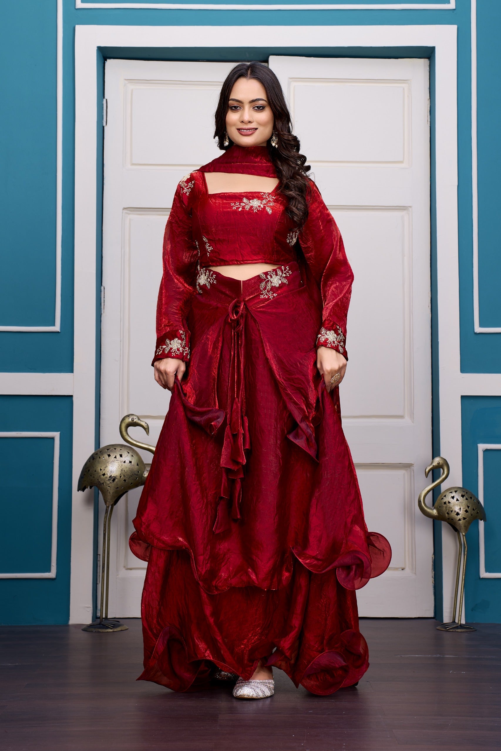 Yash Enterprise Maroon Vichitra Silk Party Wear Embroidery Crop Top With Blouse Lehenga Choli