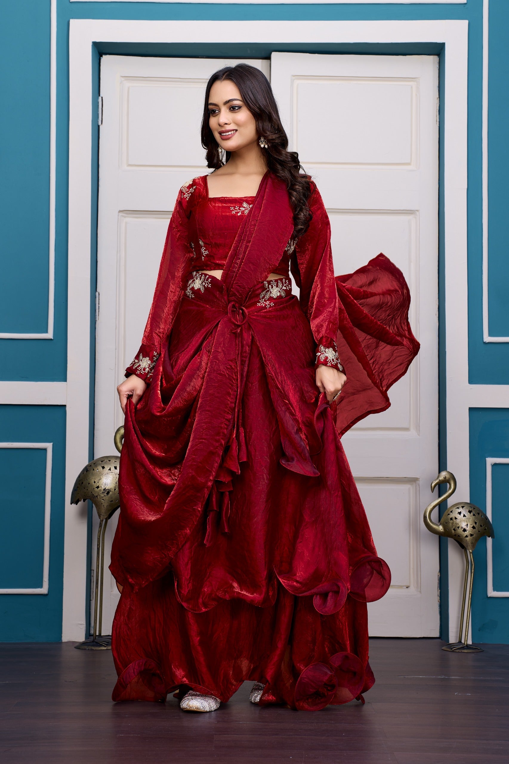 Yash Enterprise Maroon Vichitra Silk Party Wear Embroidery Crop Top With Blouse Lehenga Choli