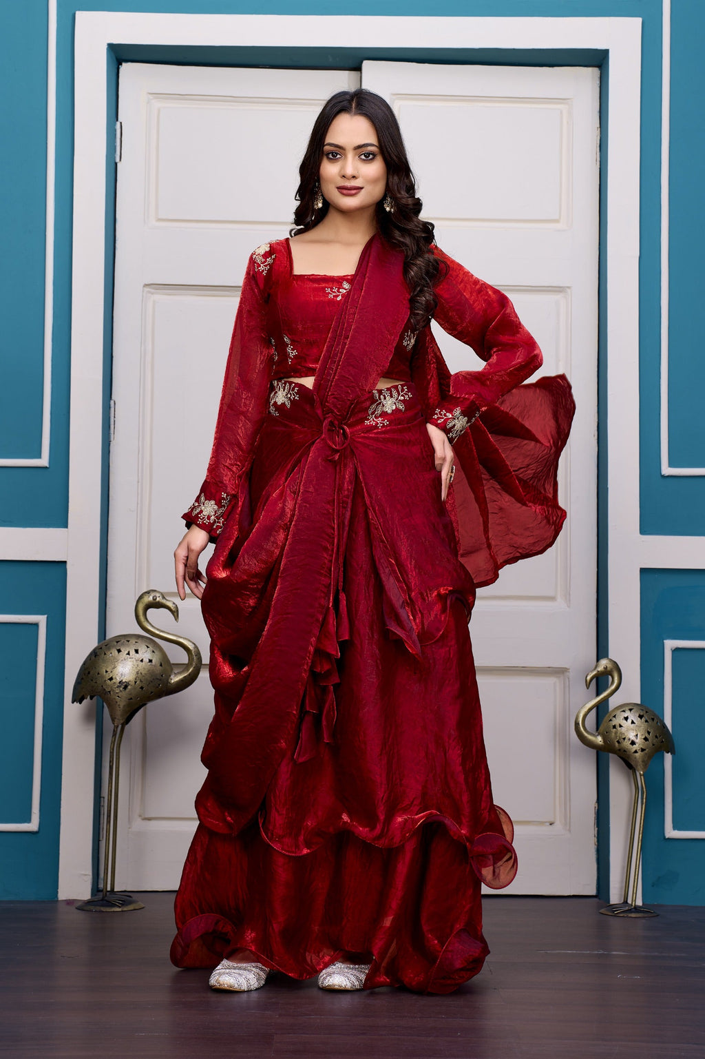 Yash Enterprise Maroon Vichitra Silk Party Wear Embroidery Crop Top With Blouse Lehenga Choli