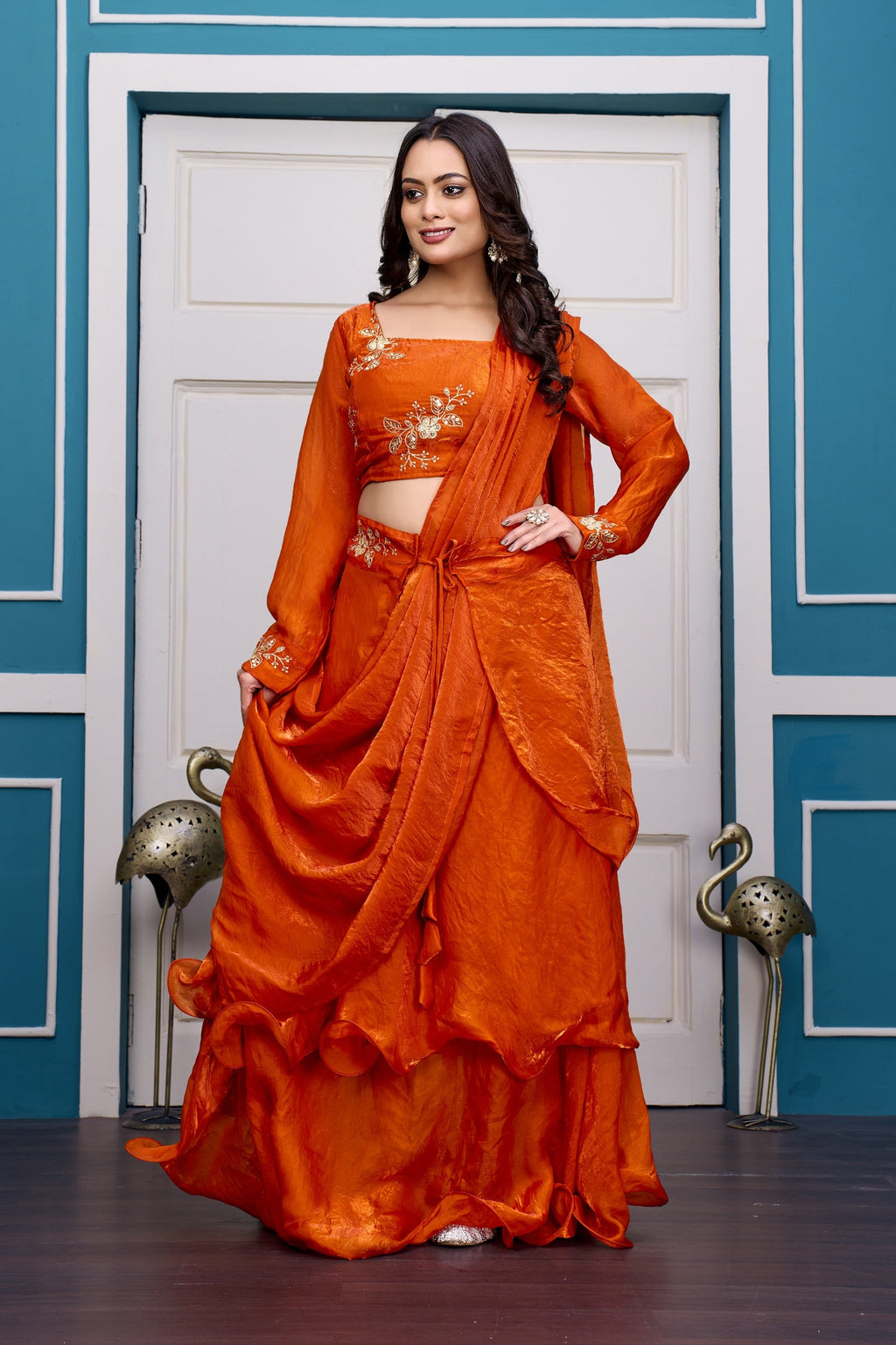 Yash Enterprise Orange Vichitra Silk Party Wear Embroidery Crop Top With Blouse Lehenga Choli