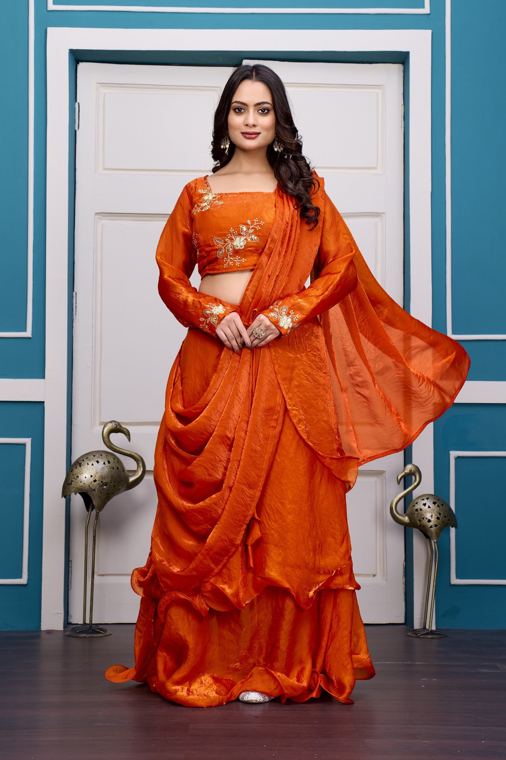 Yash Enterprise Orange Vichitra Silk Party Wear Embroidery Crop Top With Blouse Lehenga Choli