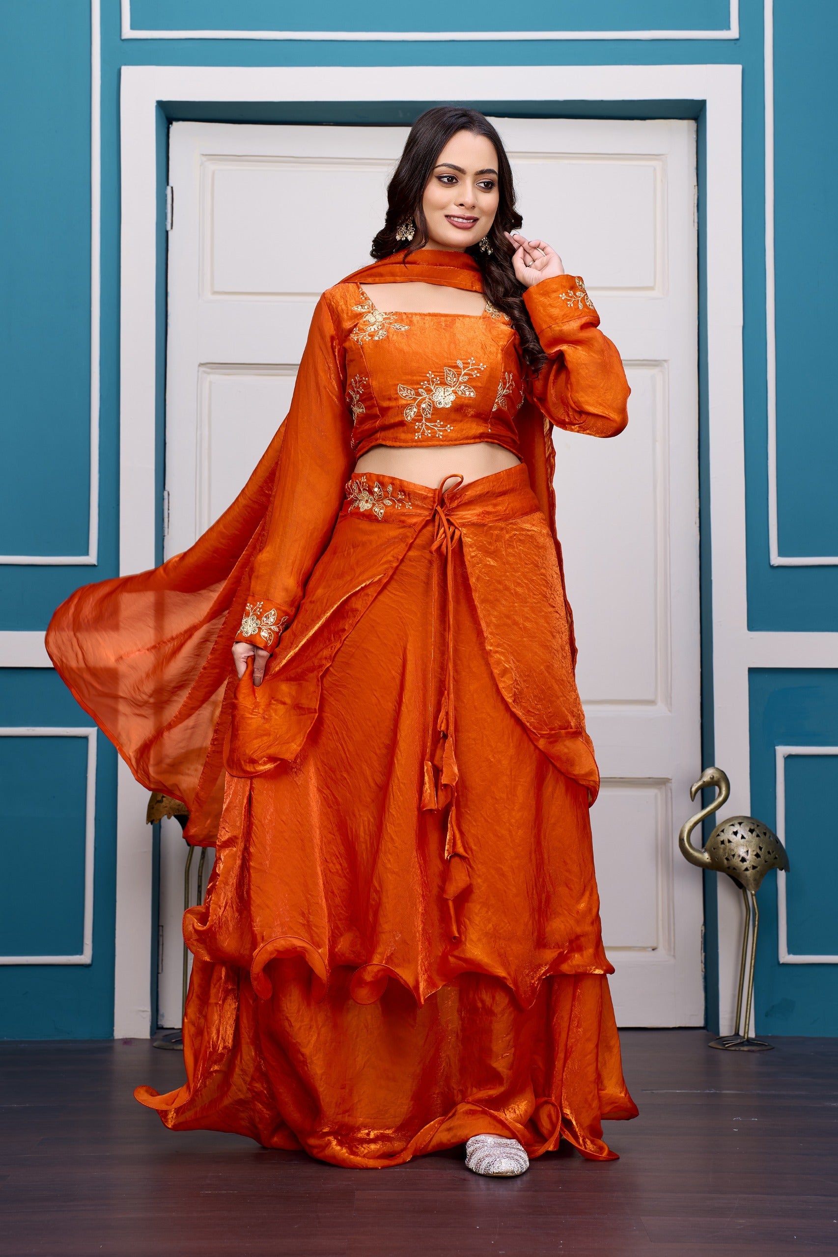 Yash Enterprise Orange Vichitra Silk Party Wear Embroidery Crop Top With Blouse Lehenga Choli