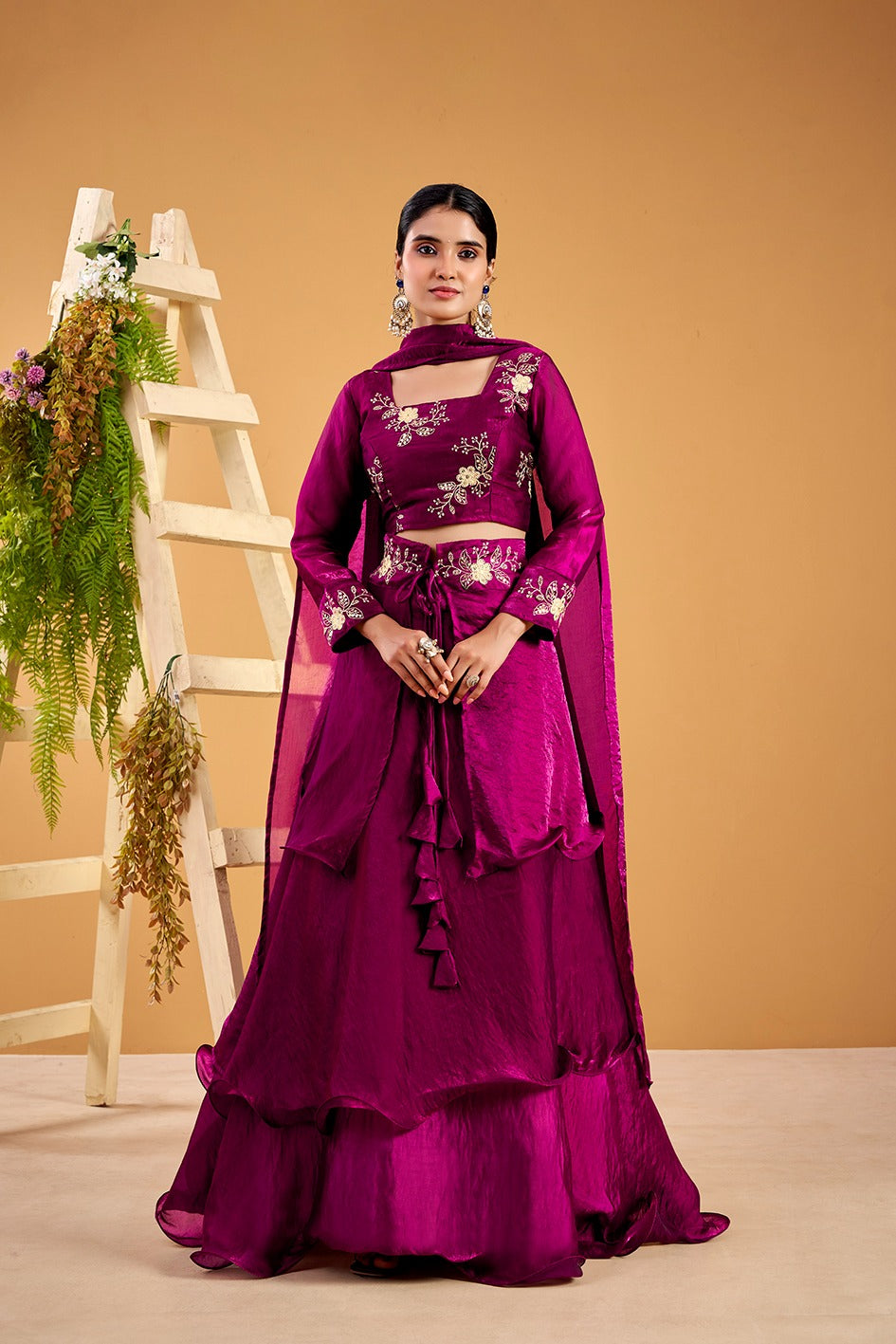 Yash Enterprise Wine Vichitra Silk Party Wear Embroidery Crop Top With Blouse Lehenga Choli