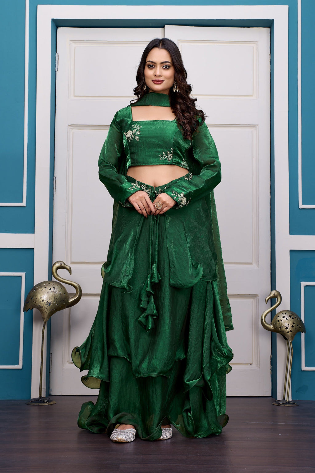 Yash Enterprise Rama Green Vichitra Silk Party Wear Embroidery Crop Top With Blouse Lehenga Choli