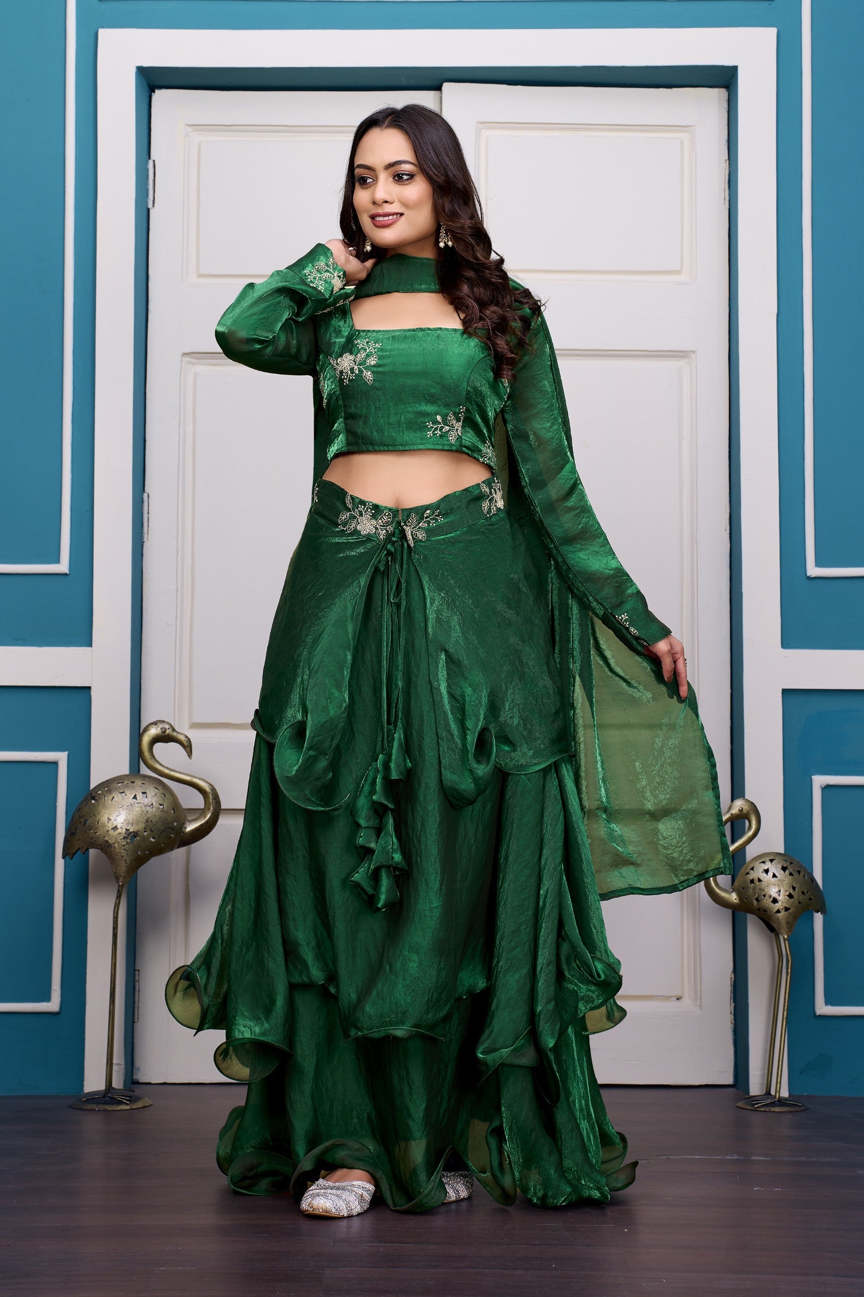 Yash Enterprise Rama Green Vichitra Silk Party Wear Embroidery Crop Top With Blouse Lehenga Choli