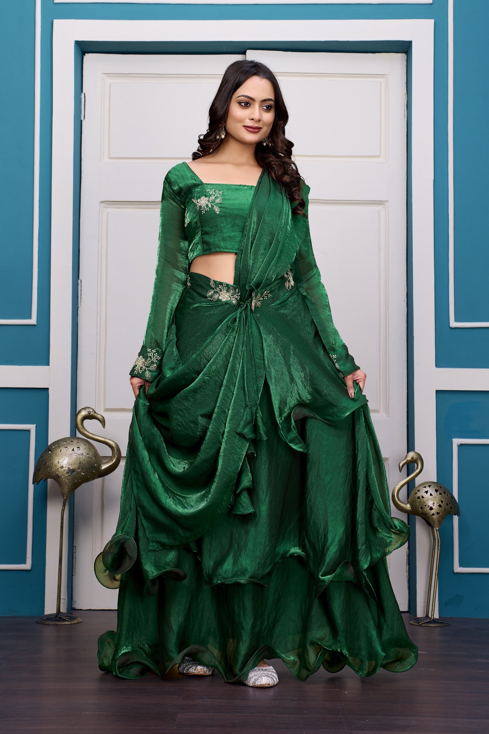 Yash Enterprise Rama Green Vichitra Silk Party Wear Embroidery Crop Top With Blouse Lehenga Choli