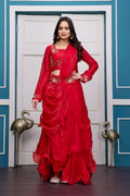 Yash Enterprise Red Vichitra Silk Party Wear Embroidery Crop Top With Blouse Lehenga Choli