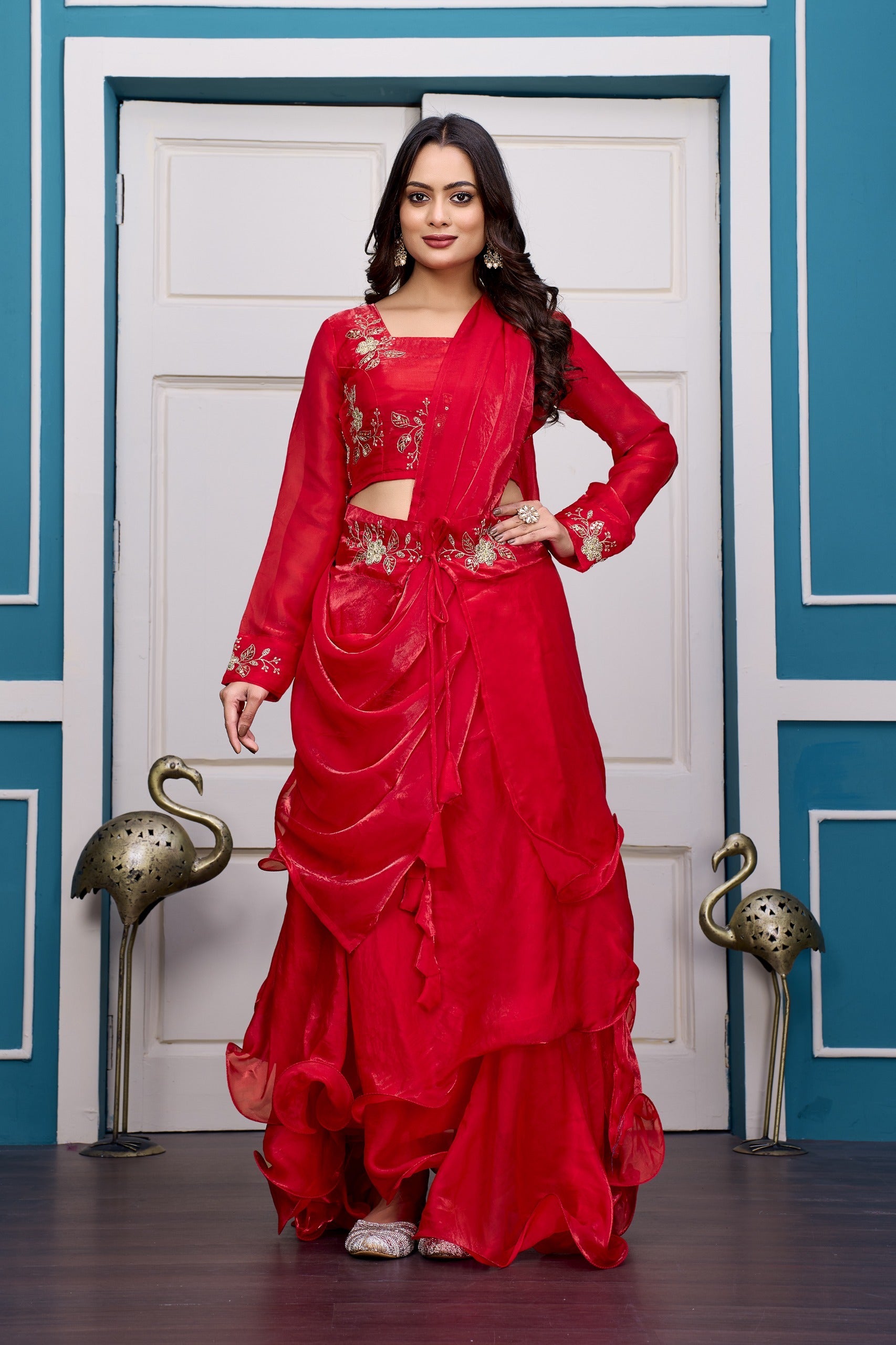 Yash Enterprise Red Vichitra Silk Party Wear Embroidery Crop Top With Blouse Lehenga Choli