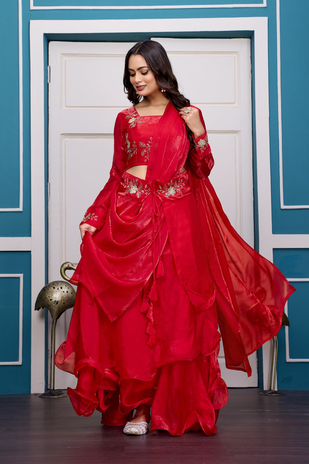 Yash Enterprise Red Vichitra Silk Party Wear Embroidery Crop Top With Blouse Lehenga Choli