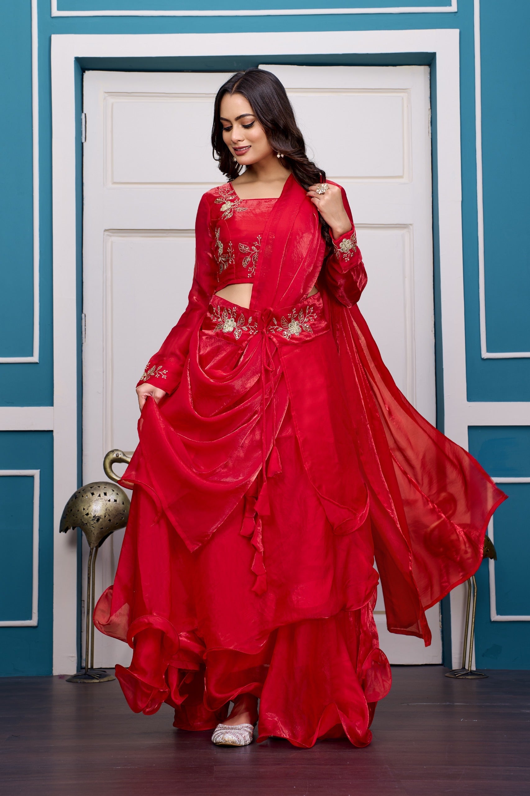 Yash Enterprise Red Vichitra Silk Party Wear Embroidery Crop Top With Blouse Lehenga Choli