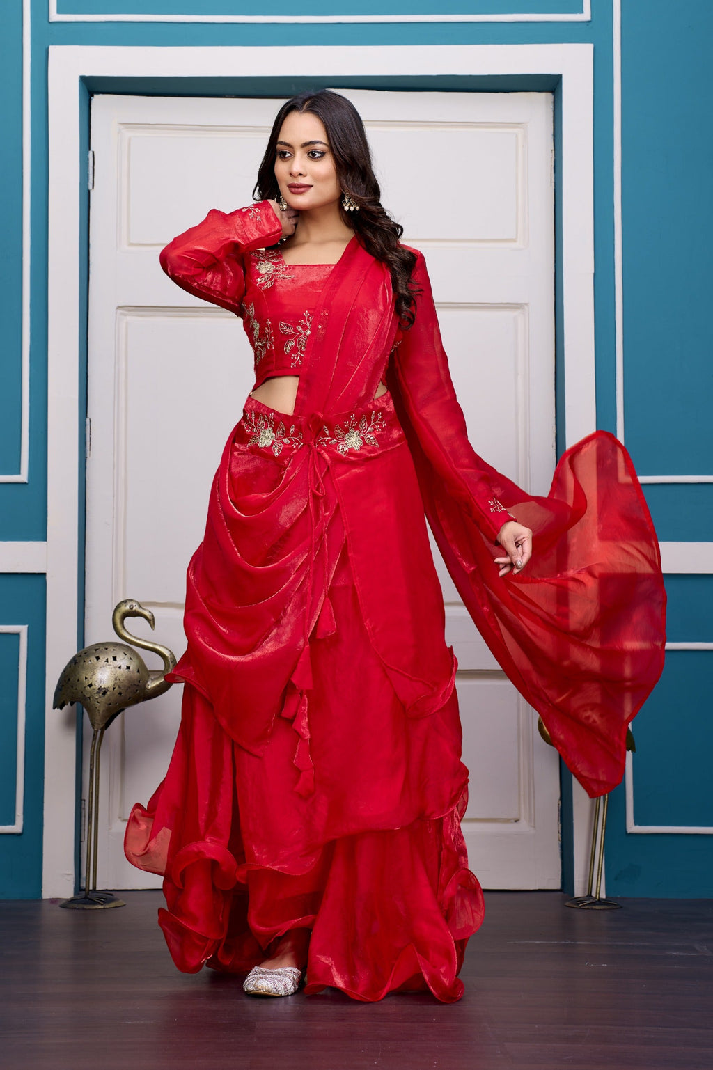 Yash Enterprise Red Vichitra Silk Party Wear Embroidery Crop Top With Blouse Lehenga Choli
