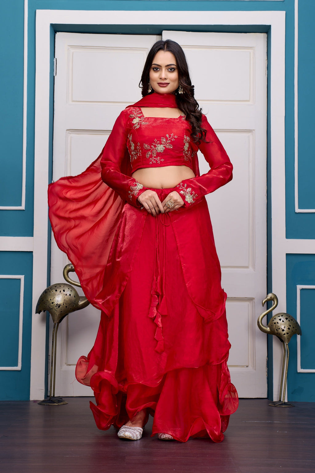 Yash Enterprise Red Vichitra Silk Party Wear Embroidery Crop Top With Blouse Lehenga Choli
