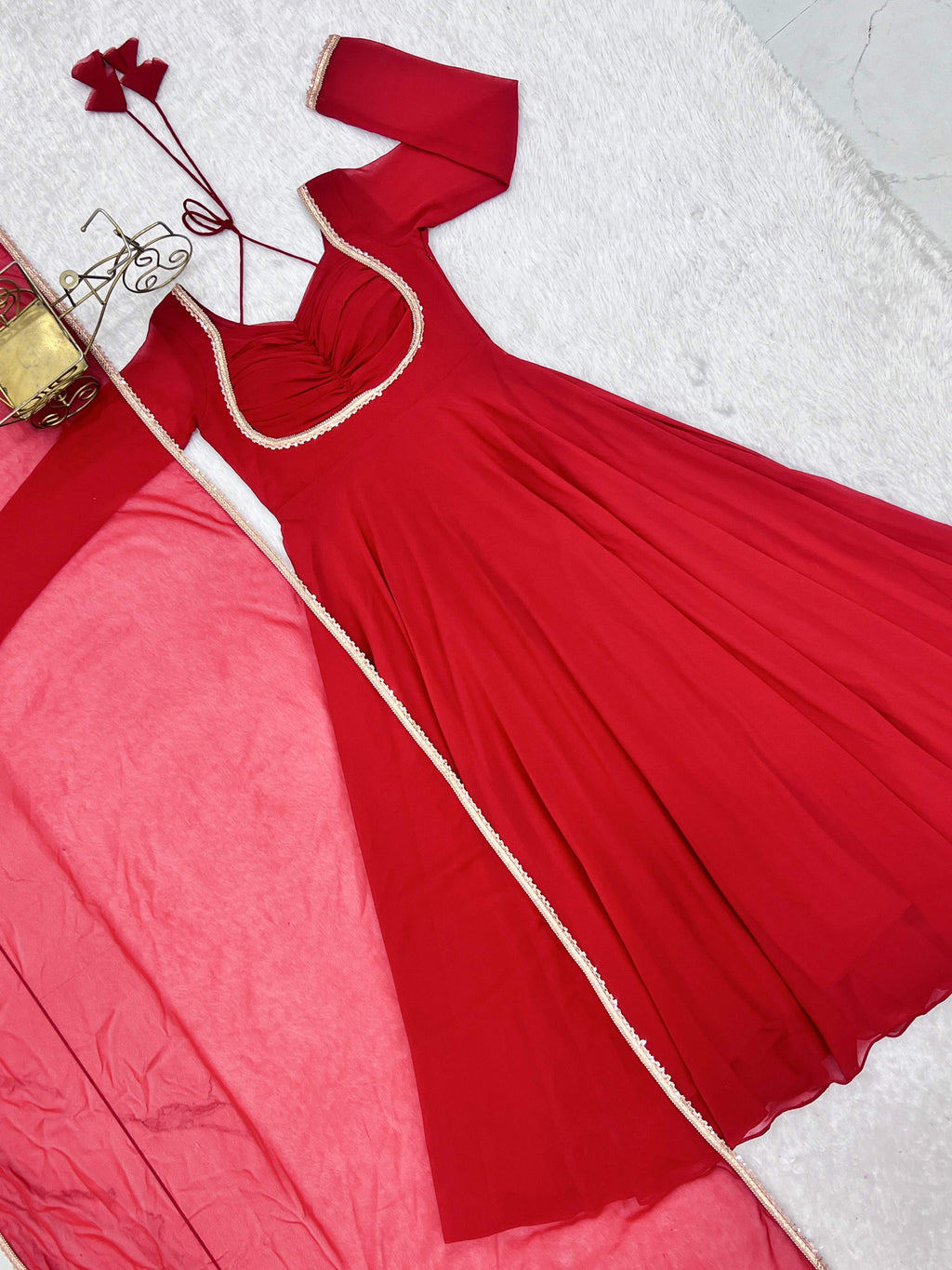 Evanik Red Georgette Plain Fully Flair Gown Dupatta