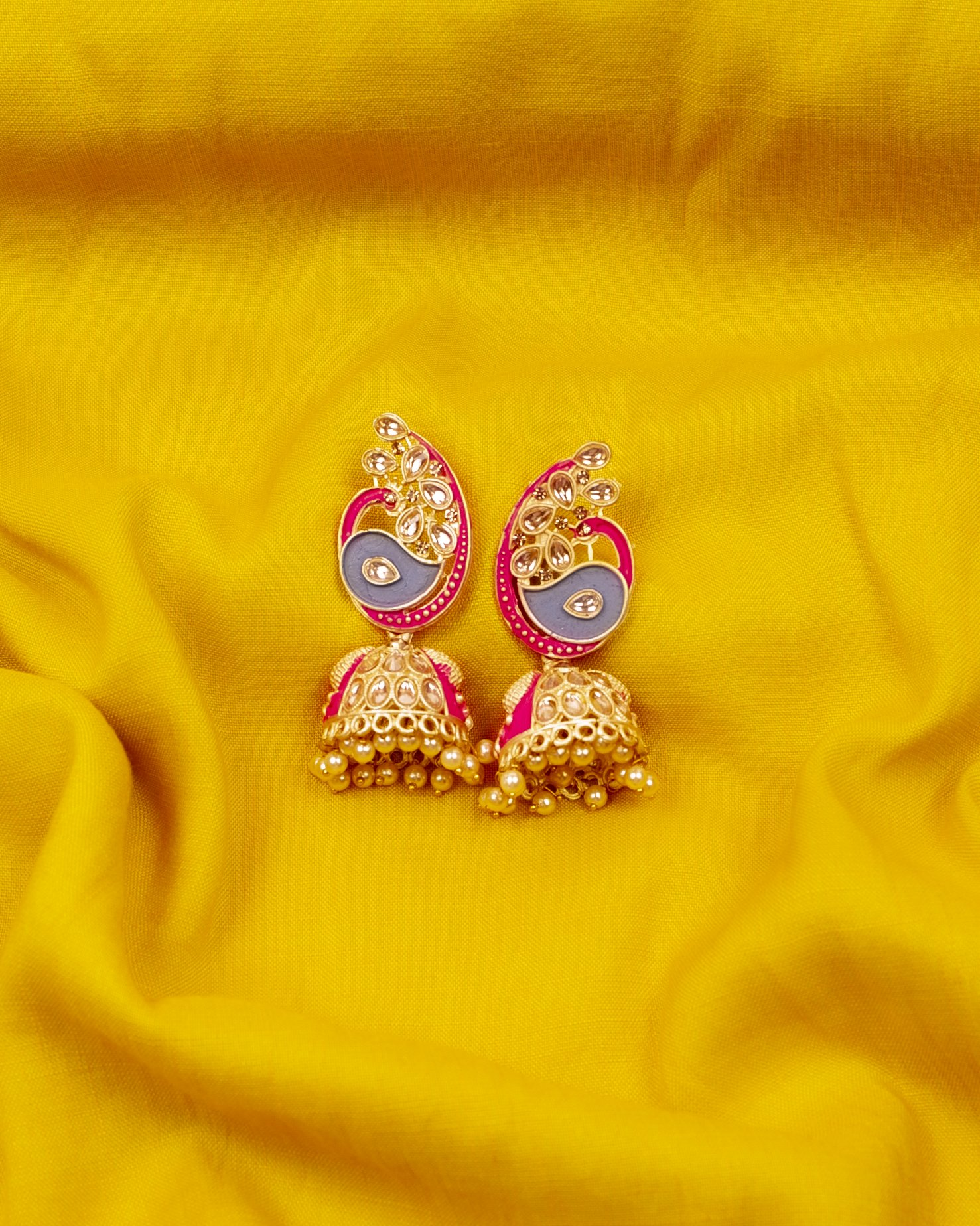 Gold-Polished Alloy Enamel & Stone Studded Jhumki Earrings - The Pari