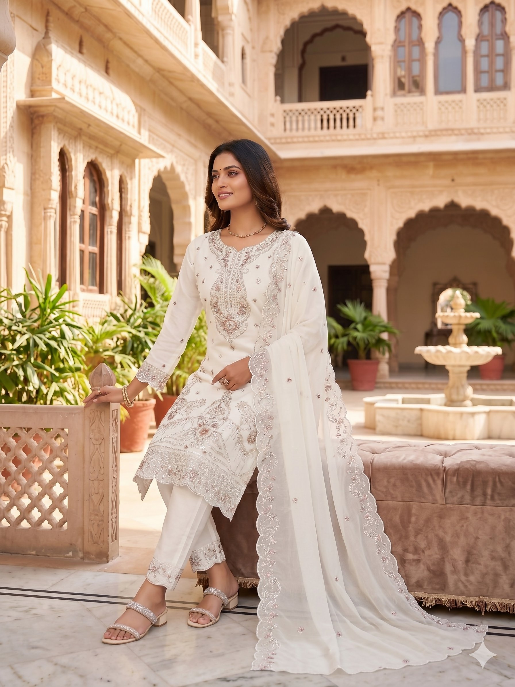 Teeya Creation Womens New Trendy Silk With Heavy Embroiedery With Sequence Work White Kurta Set