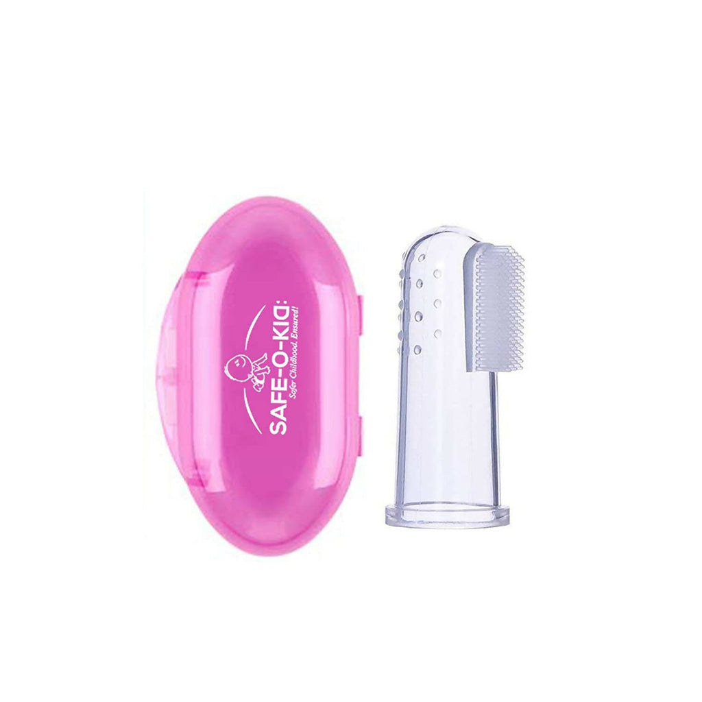 Safe-O-Kid Silicone Baby Finger/ Mouth Toothbrush With Case Set, Infant Training Soft Teeth Brush, Oral Cleaning Massager For Babies- Pink
